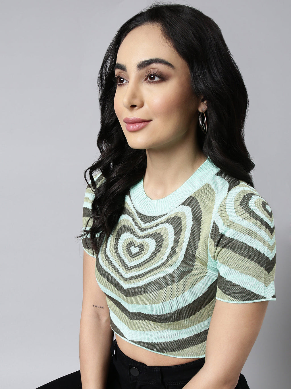 Women's Green Graphic Printed Fitted Crop Top