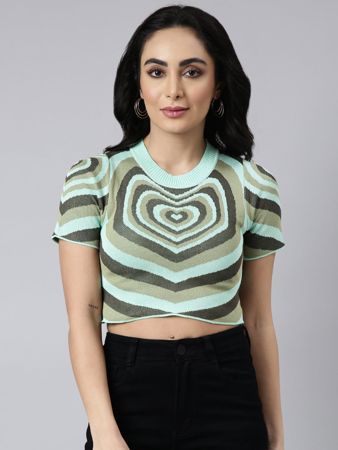 Women's Green Graphic Printed Fitted Crop Top