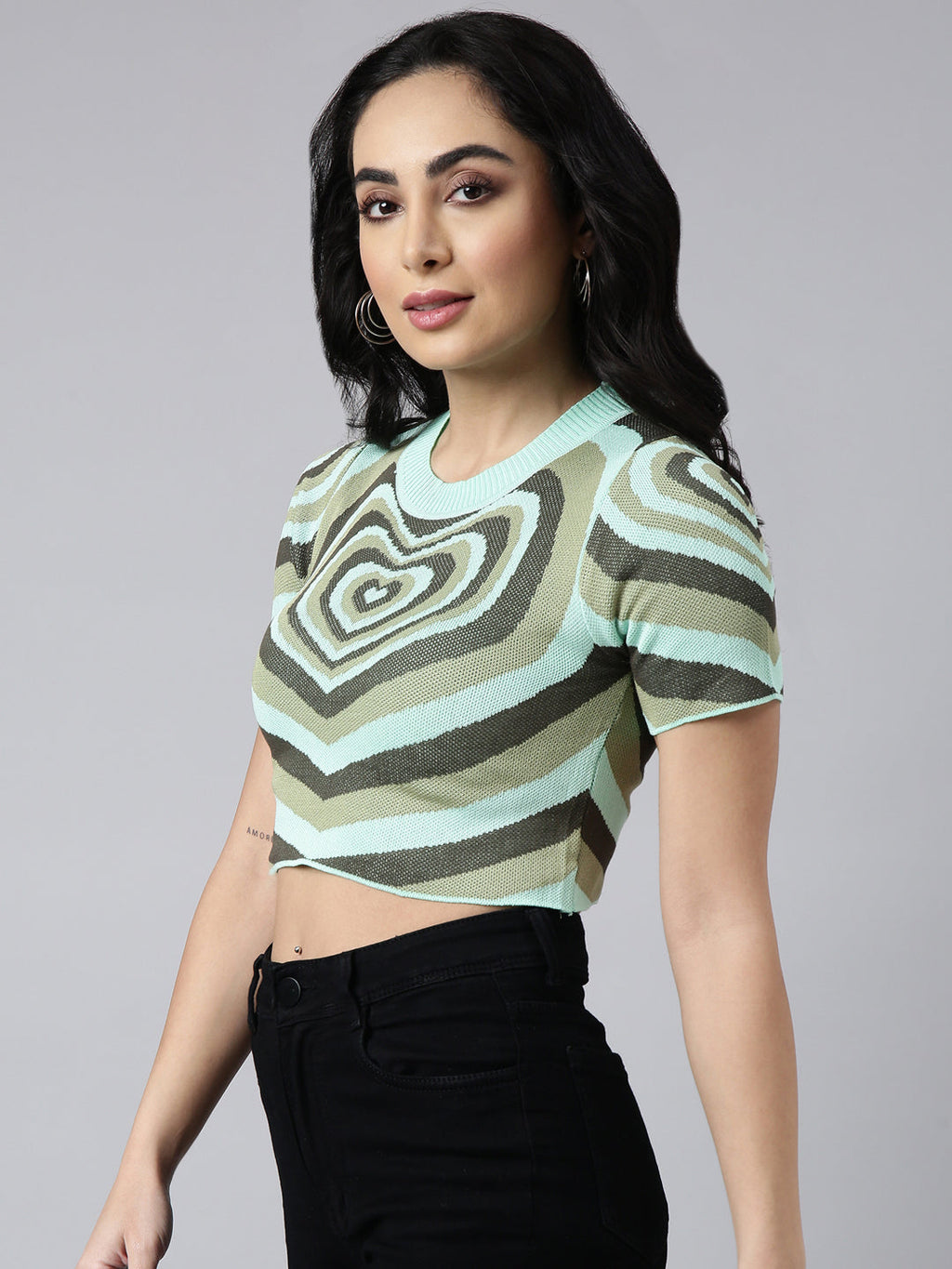 Women's Green Graphic Printed Fitted Crop Top