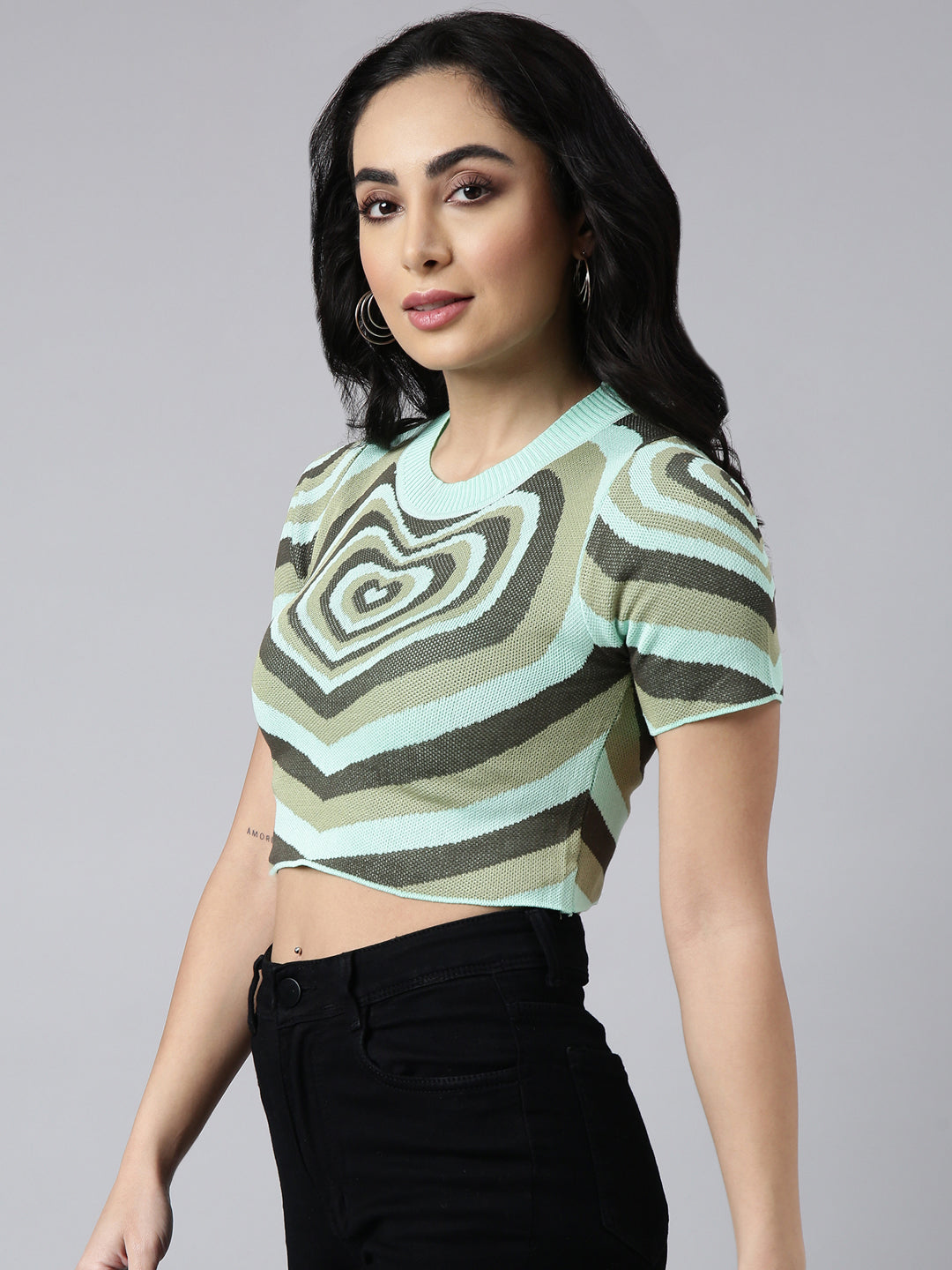 Women's Green Graphic Printed Fitted Crop Top