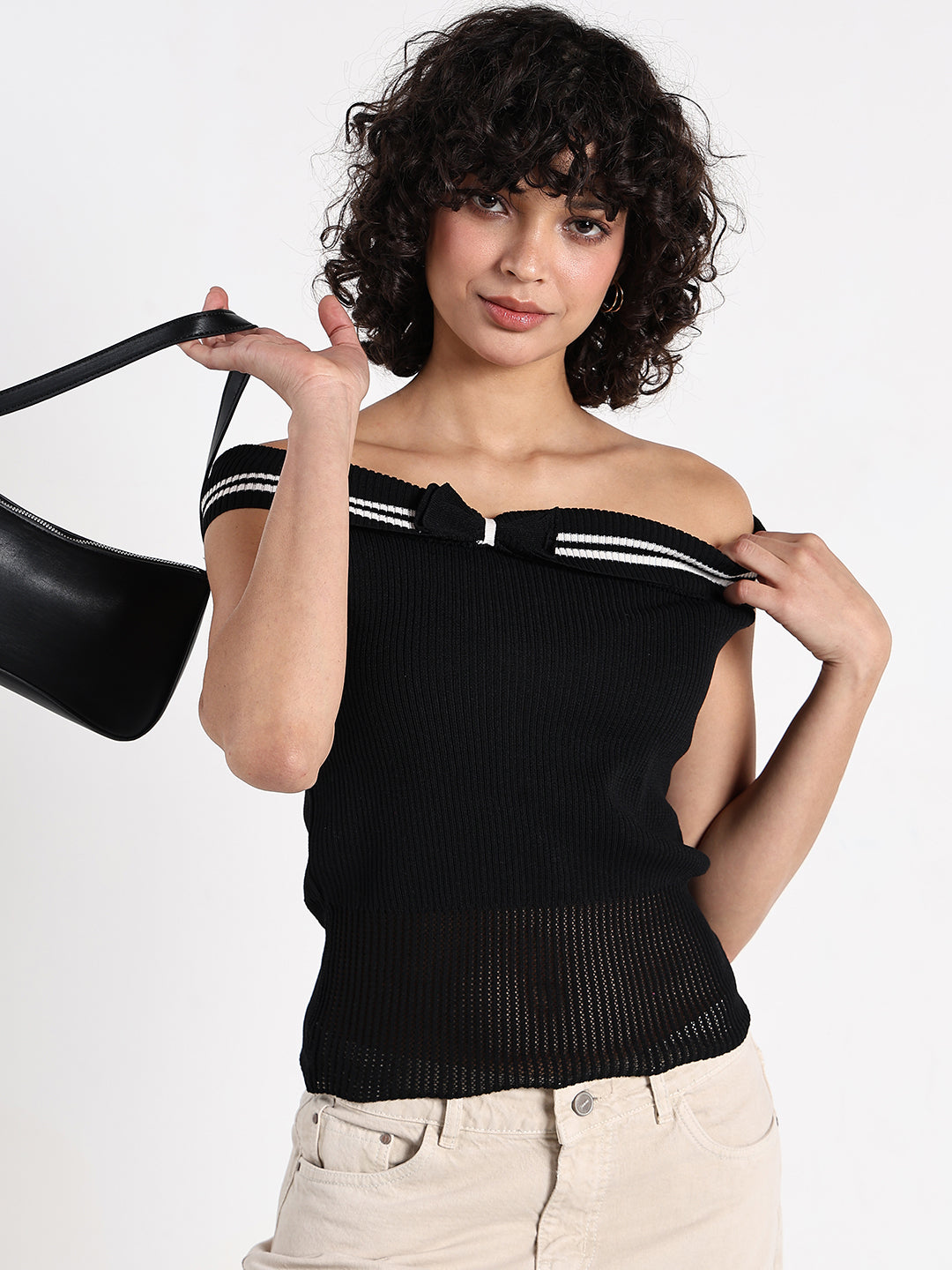 Women's Black Off-Shoulder Knit Top  with Contrast Striped Trim Detail
