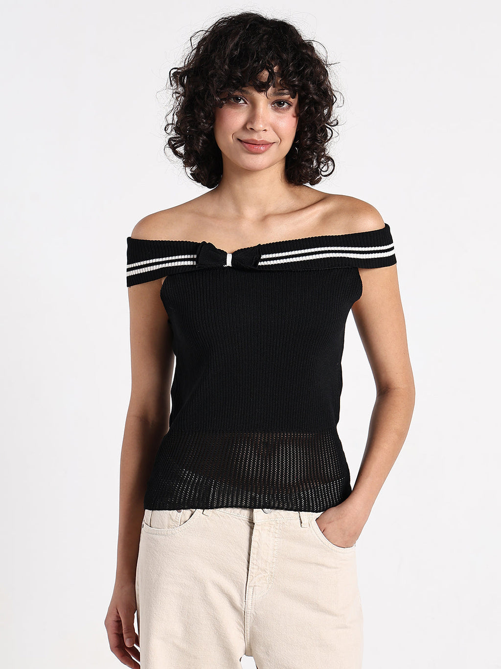 Women's Black Off-Shoulder Knit Top  with Contrast Striped Trim Detail