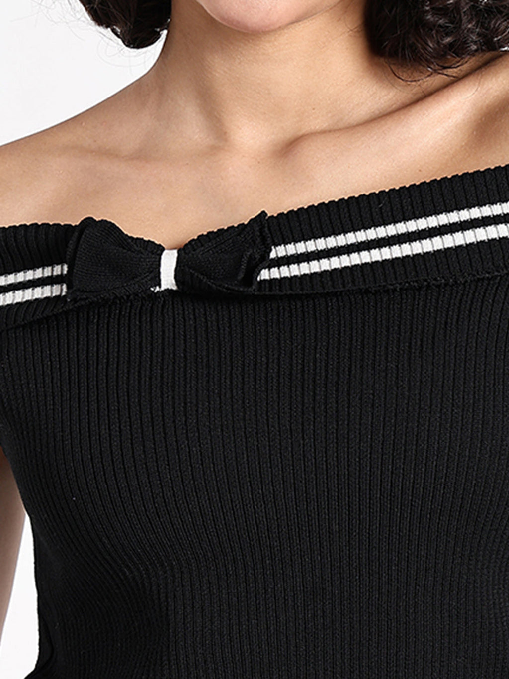 Women's Black Off-Shoulder Knit Top  with Contrast Striped Trim Detail