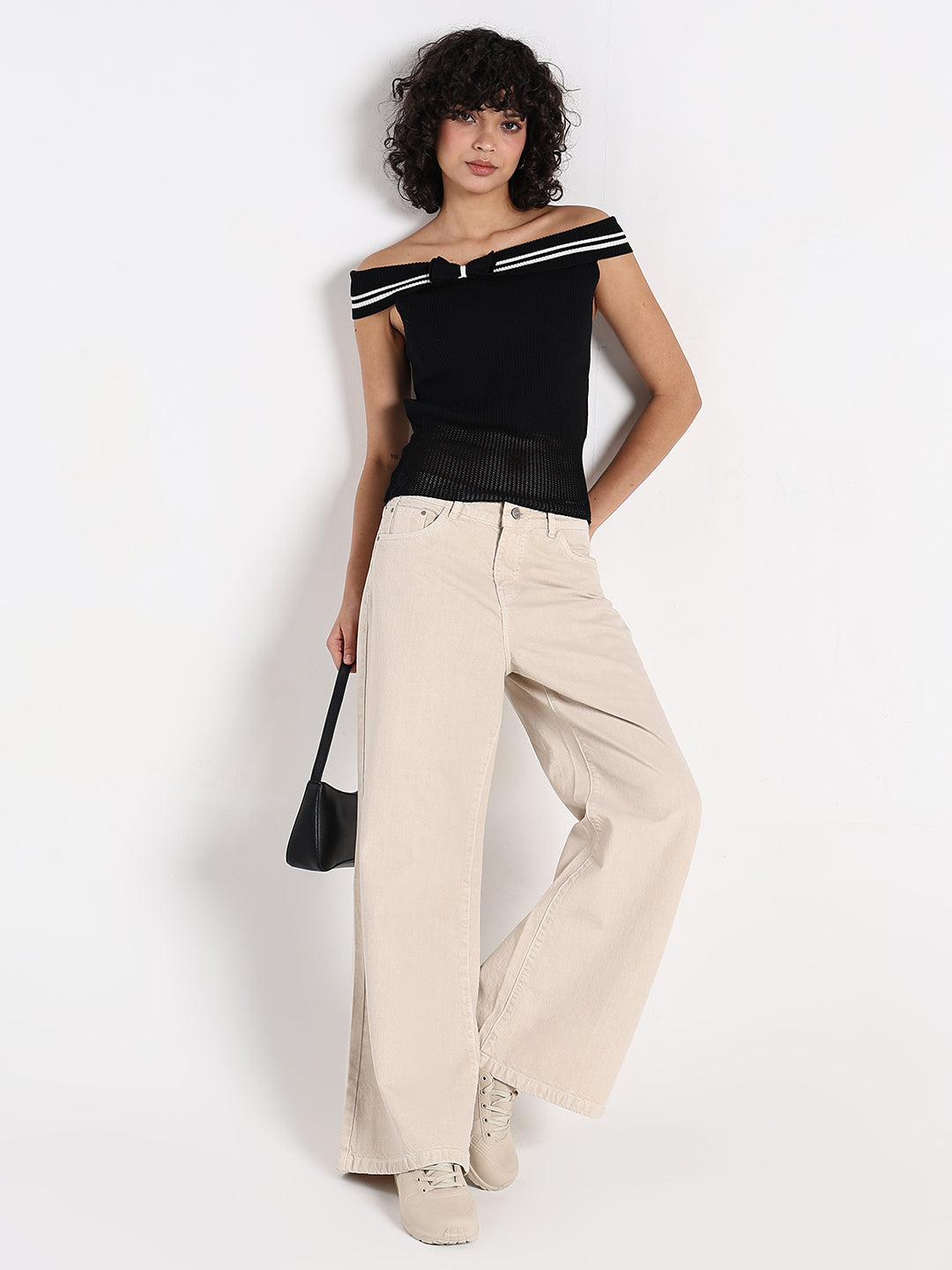 Women's Black Off-Shoulder Knit Top  with Contrast Striped Trim Detail