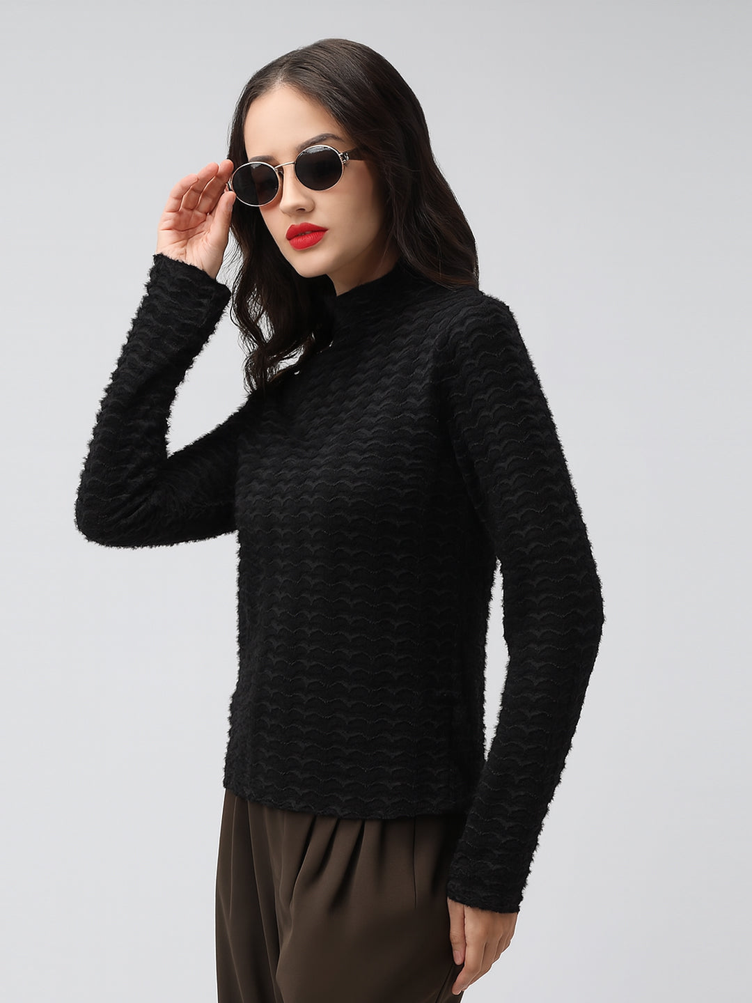 Women's Textured Black High Neck Top