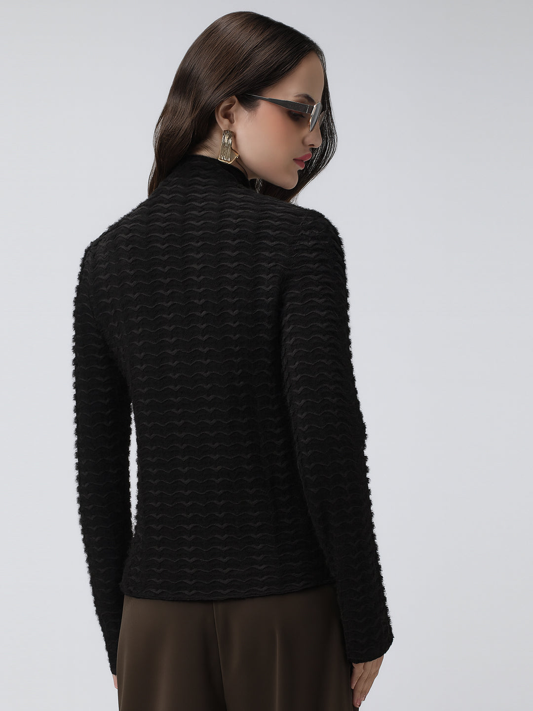 Women's Textured Black High Neck Top