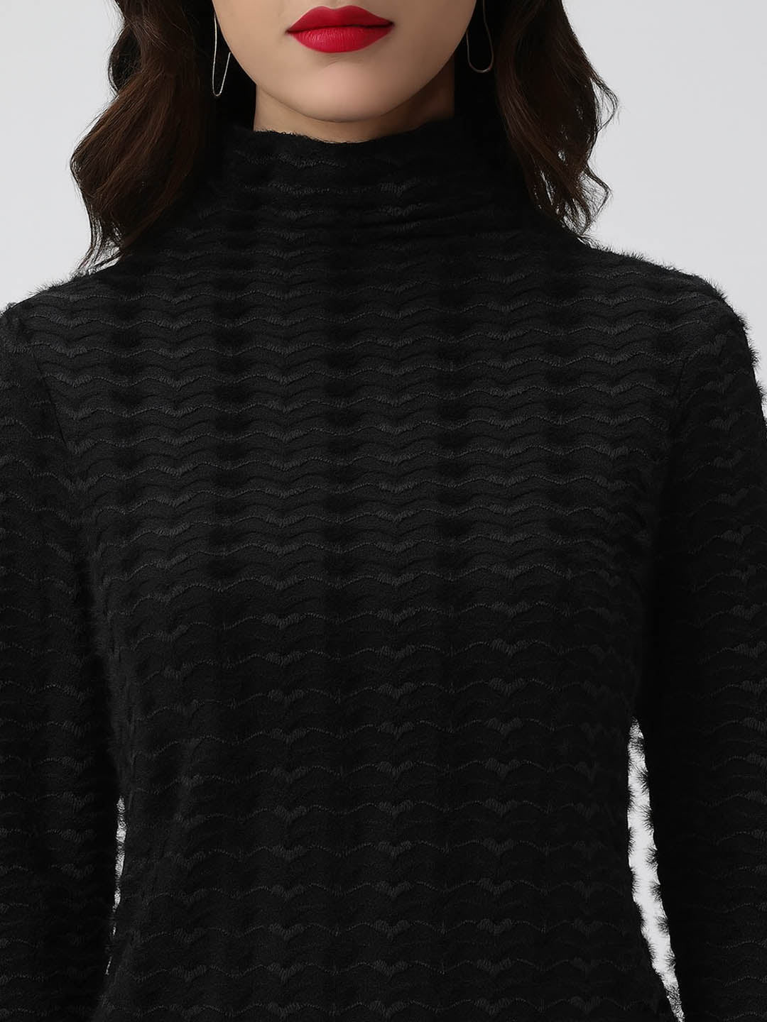 Women's Textured Black High Neck Top