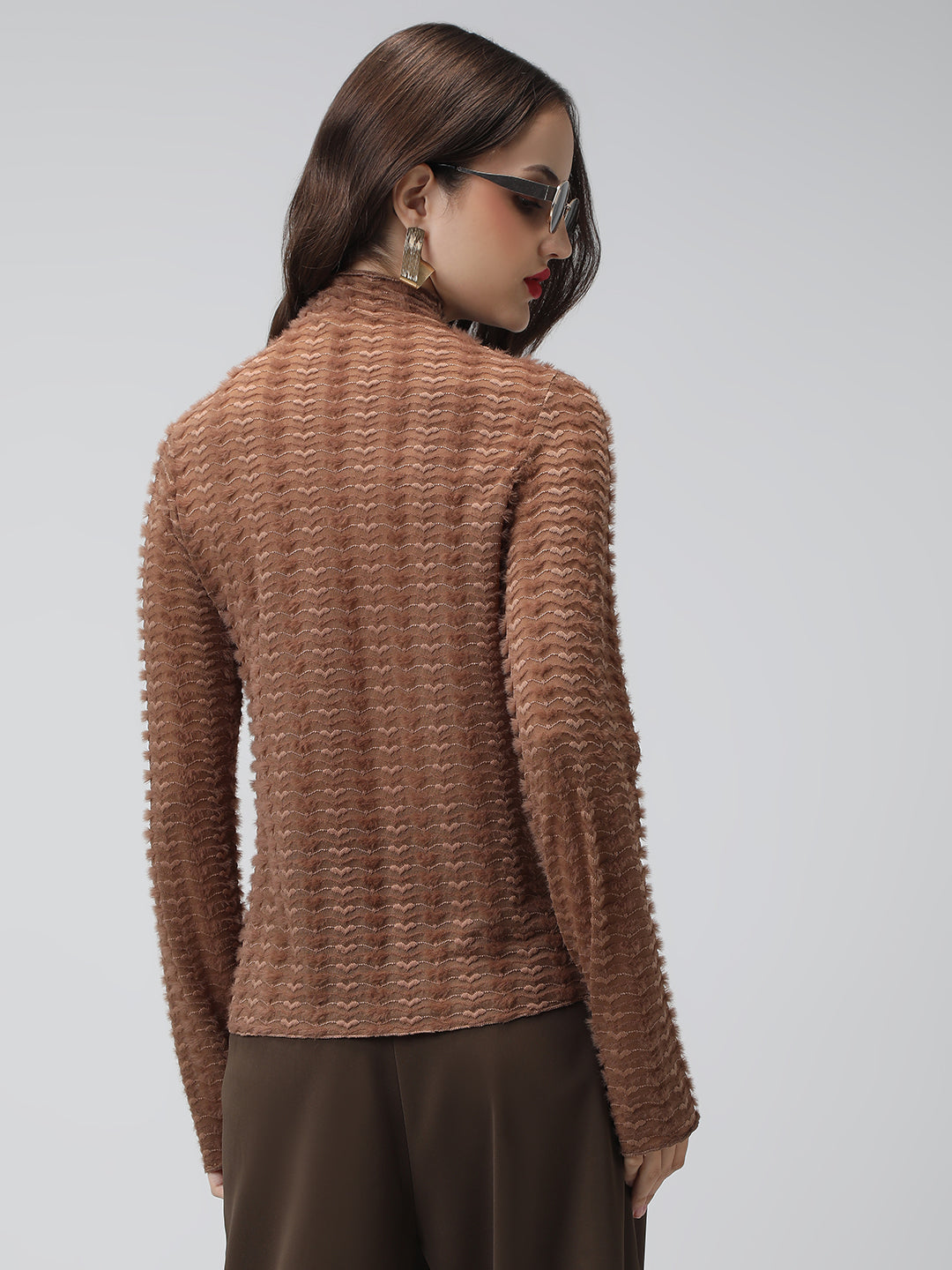 Women's Textured Brown High Neck Top