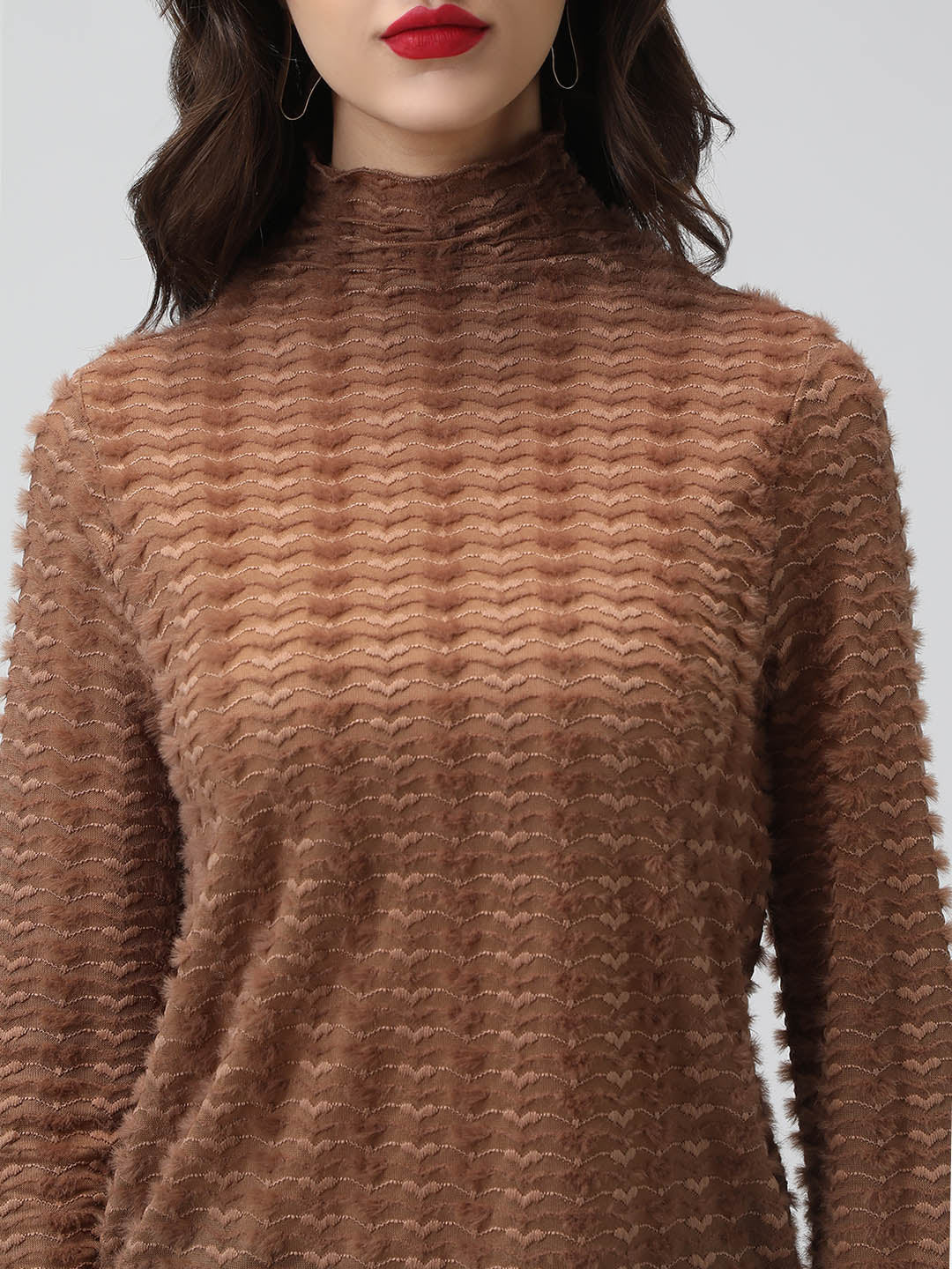 Women's Textured Brown High Neck Top