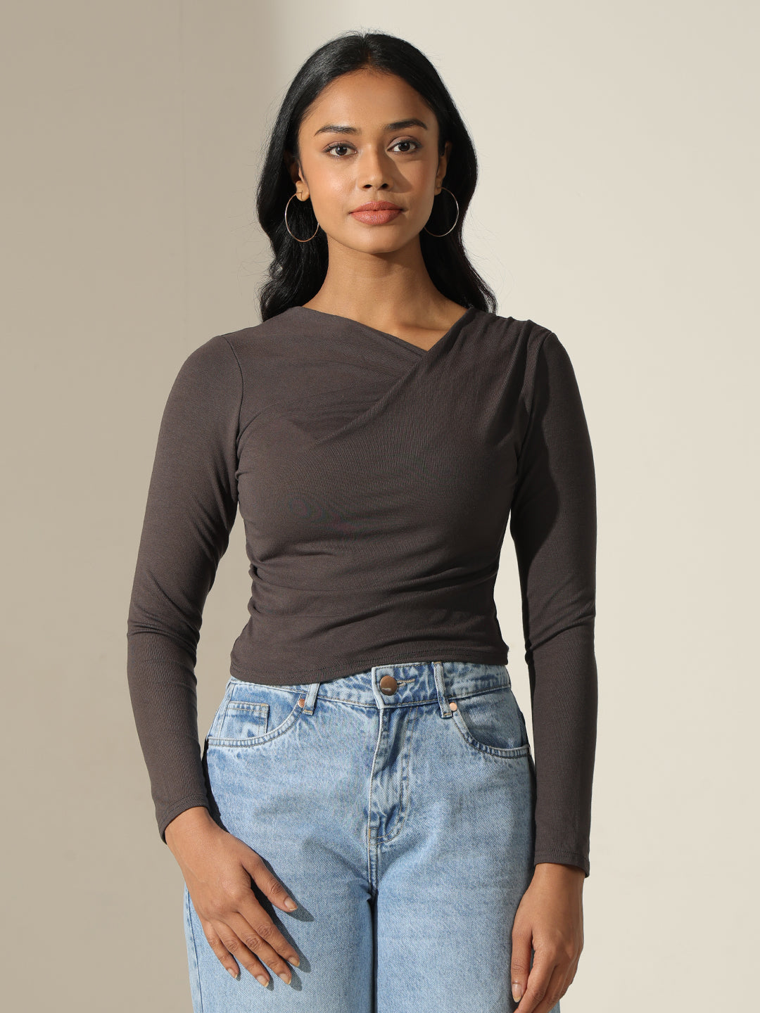 Women's Solid Grey Wrap Style Long Sleeve Top