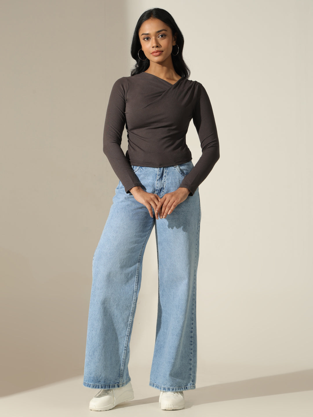 Women's Solid Grey Wrap Style Long Sleeve Top