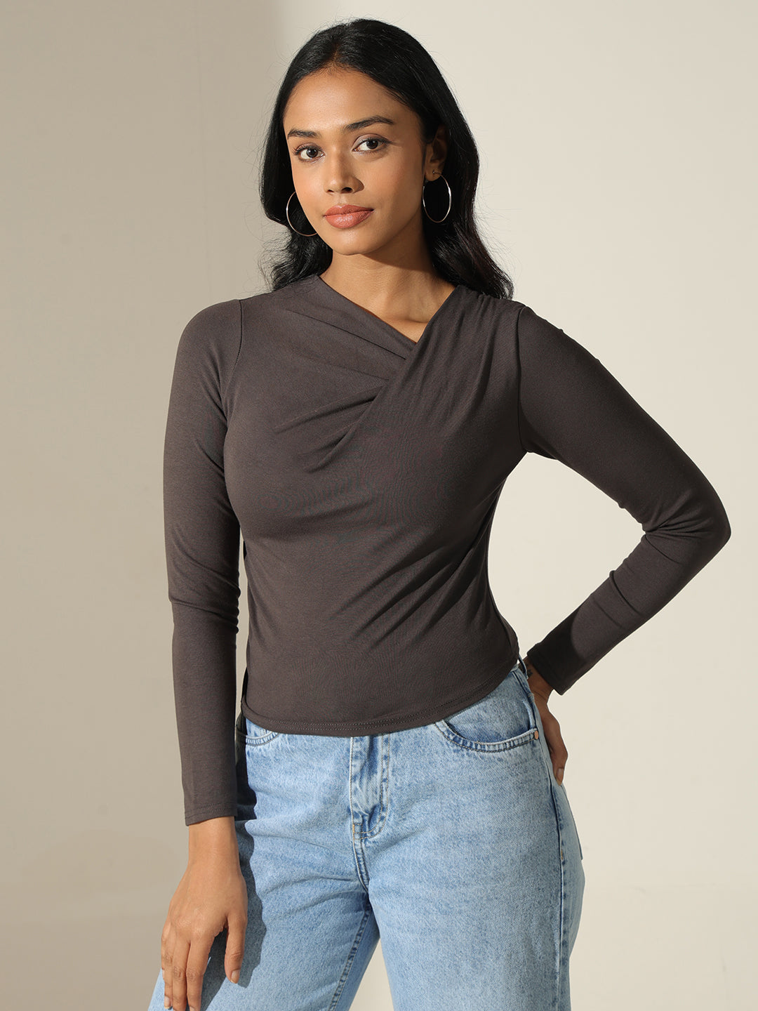 Women's Solid Grey Wrap Style Long Sleeve Top