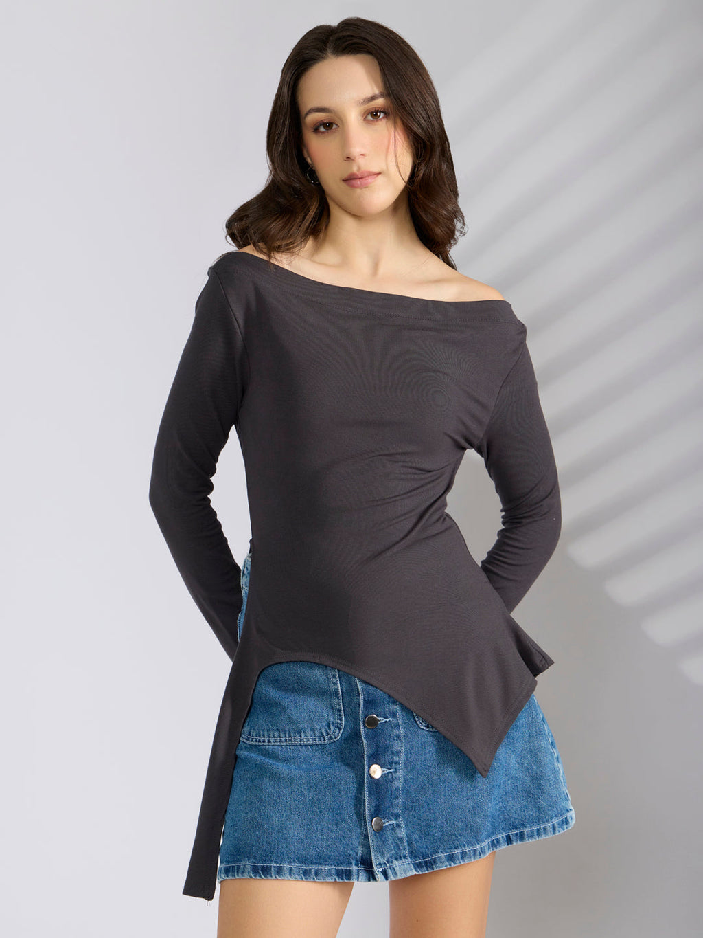 Women’s Grey Off Shoulder Asymmetric Hem Top