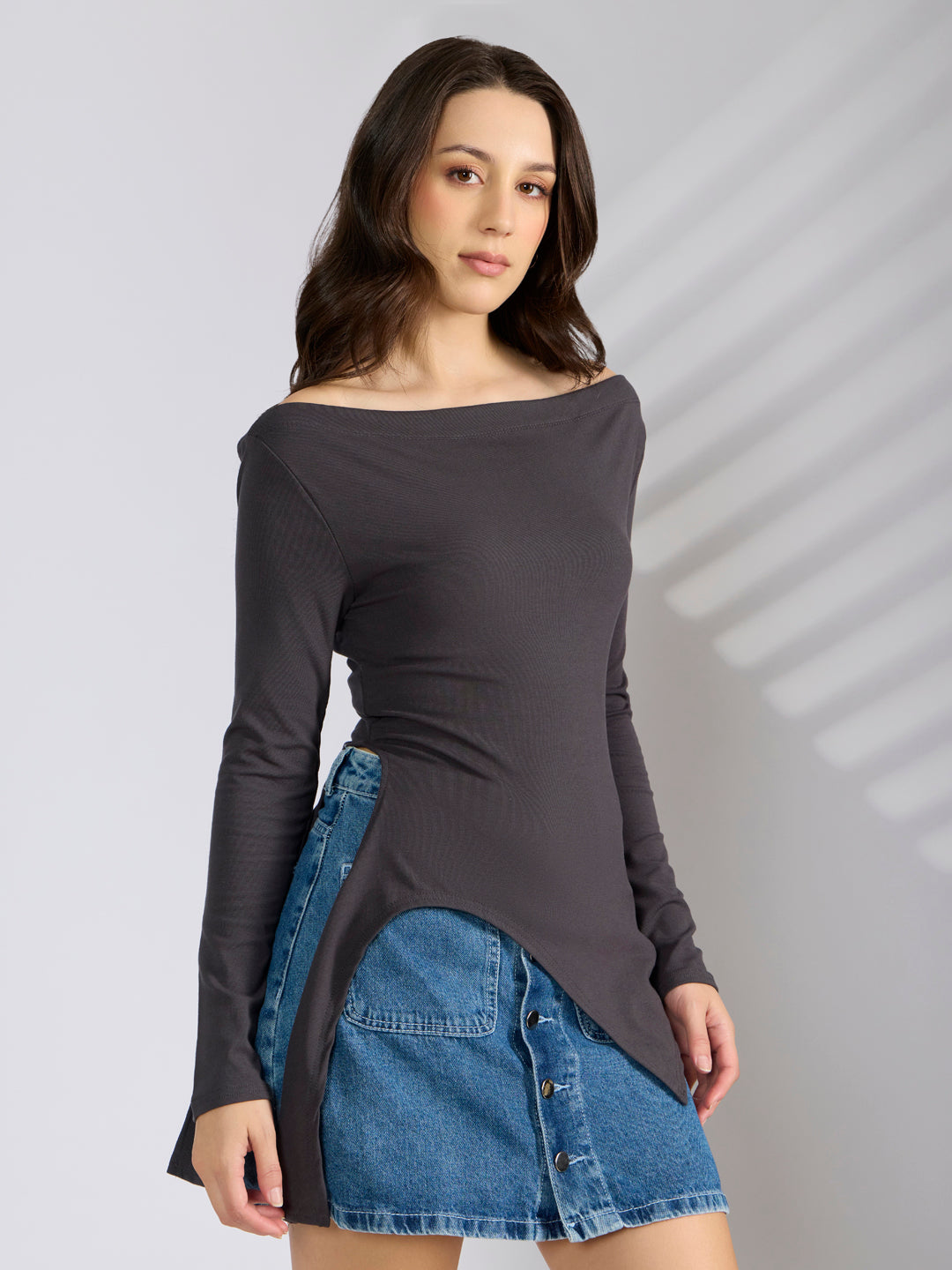 Women’s Grey Off Shoulder Asymmetric Hem Top
