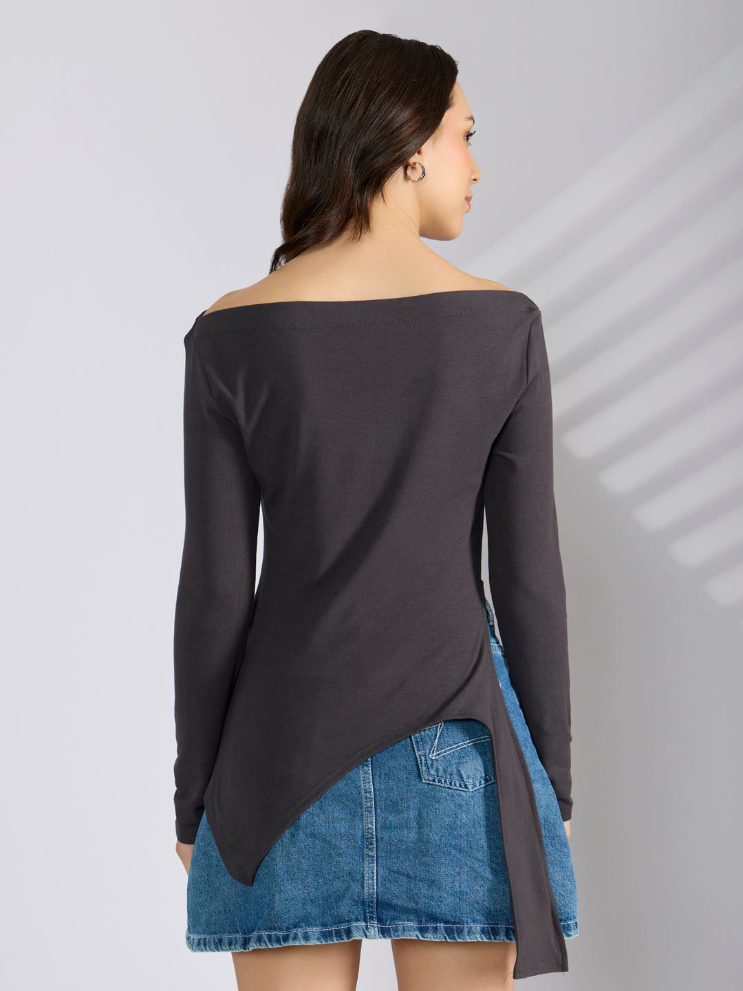 Women’s Grey Off Shoulder Asymmetric Hem Top