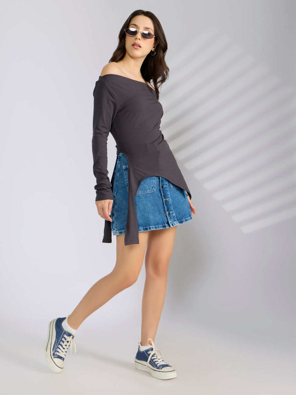 Women’s Grey Off Shoulder Asymmetric Hem Top