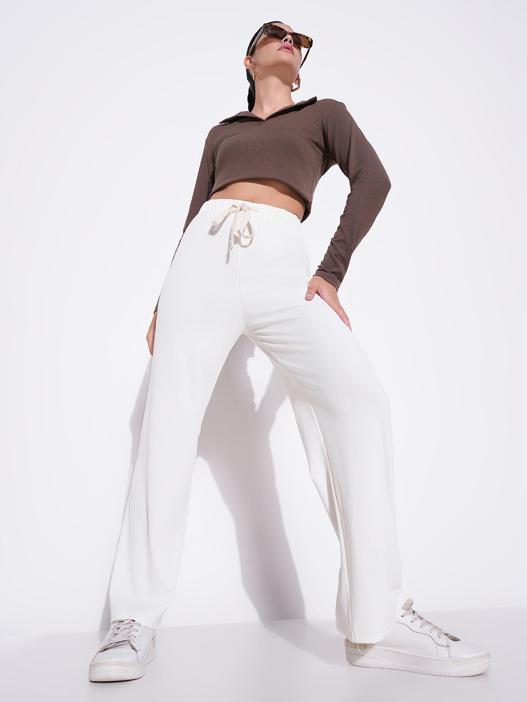 Women's Off White Comfort Regular Fit Mid-Rise Parallel Trousers