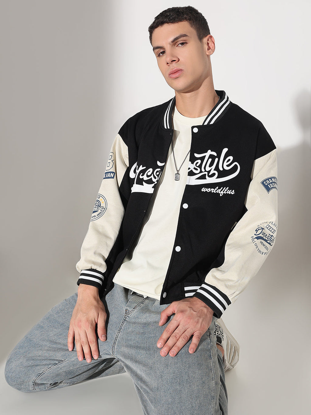 Men's Typography Black Mandarin Collar Varsity Jacket