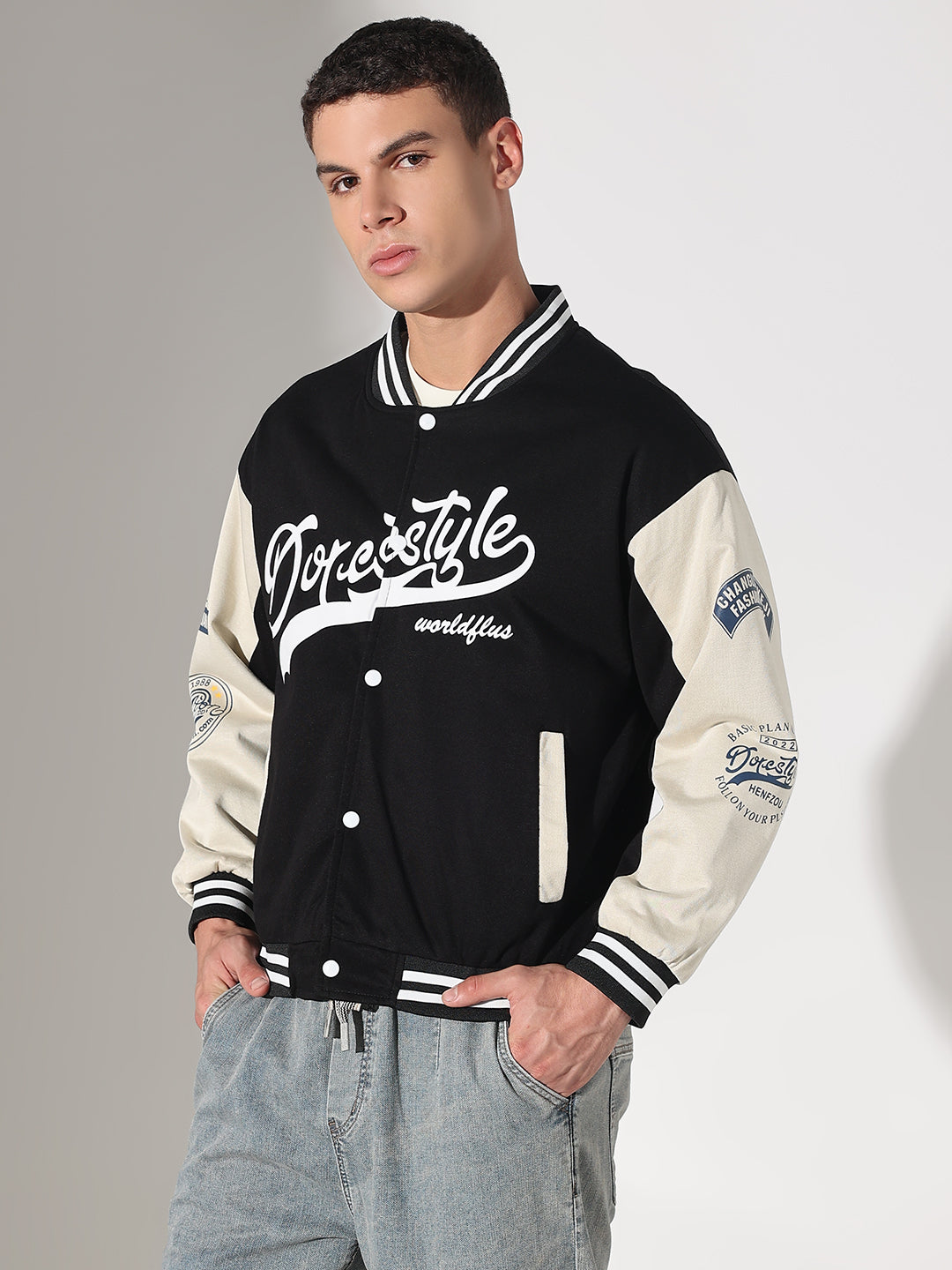 Men's Typography Black Mandarin Collar Varsity Jacket
