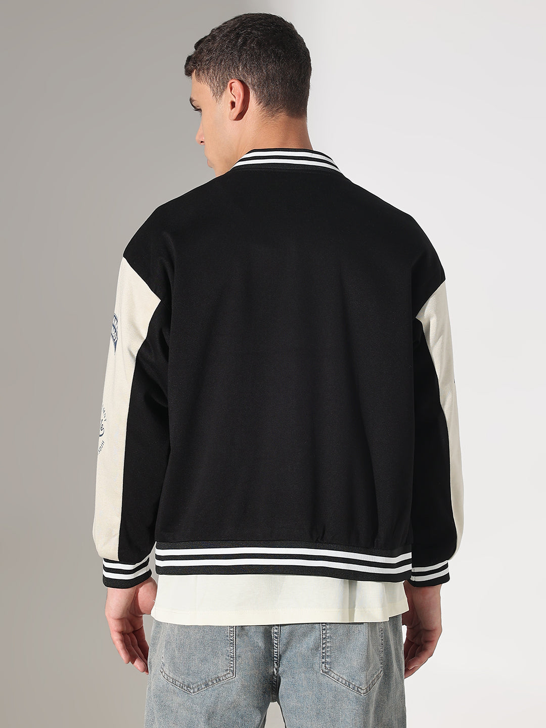 Men's Typography Black Mandarin Collar Varsity Jacket