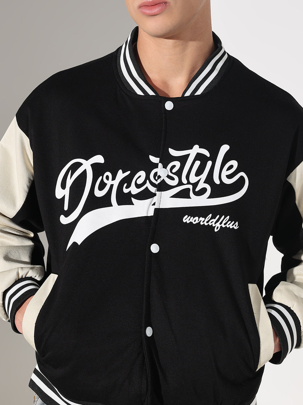 Men's Typography Black Mandarin Collar Varsity Jacket