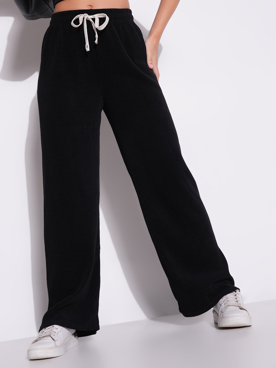 Women's Black Mid-Rise Comfort Parallel Trousers