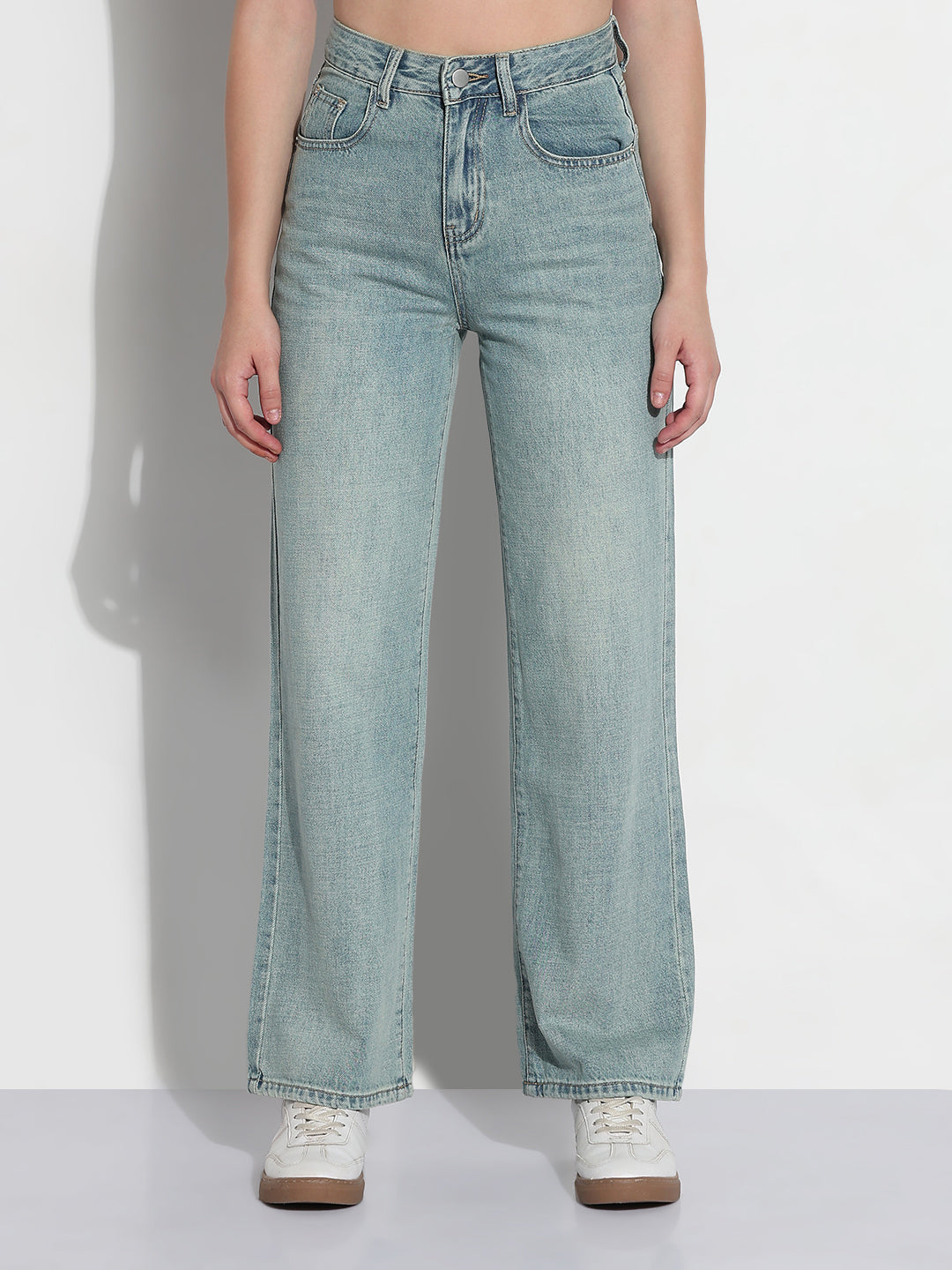 Women's Blue High Rise Straight Fit Jeans with Back Pocket Embroidery