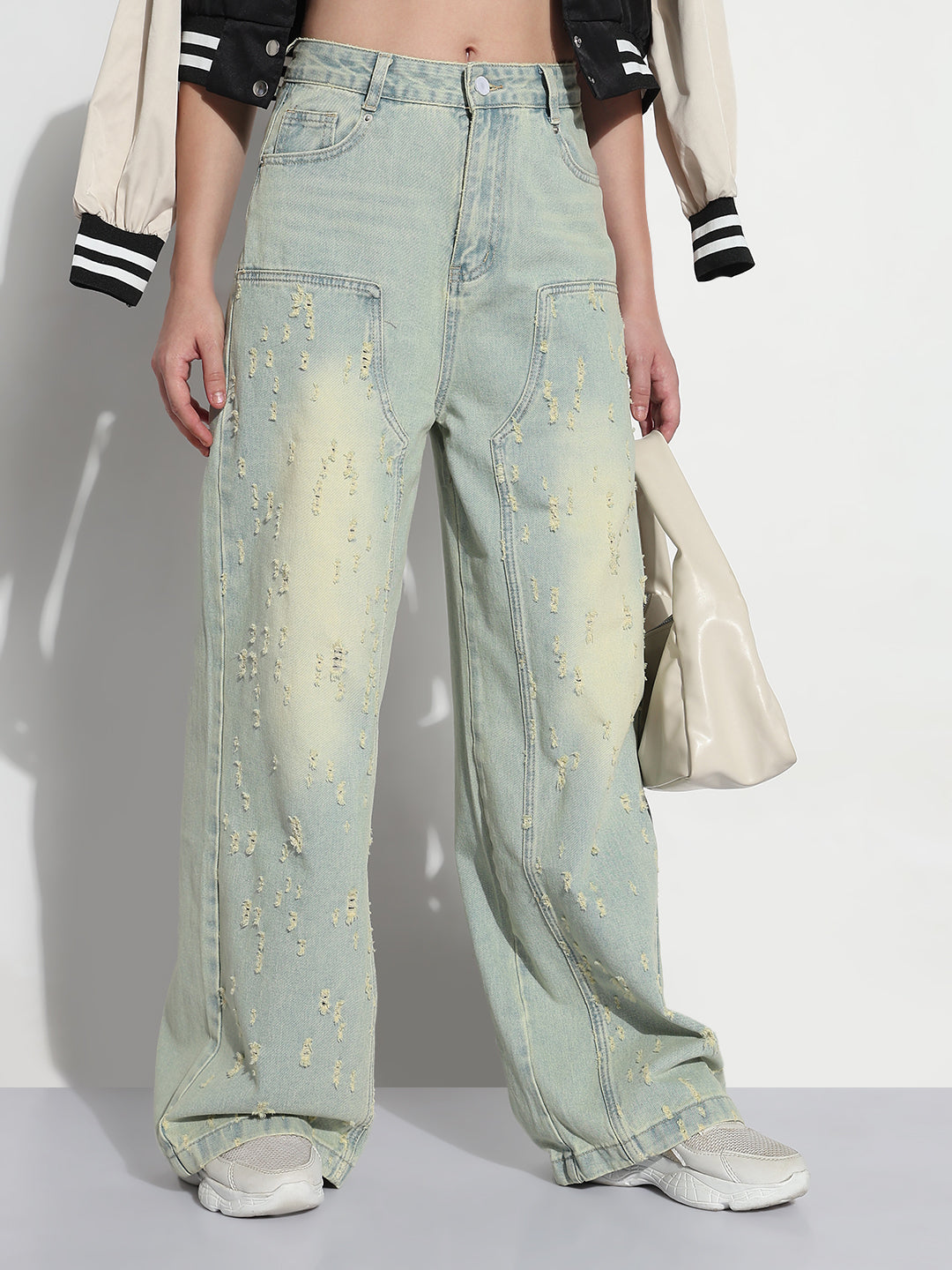 Women's Blue High Rise Distressed Baggy Jeans