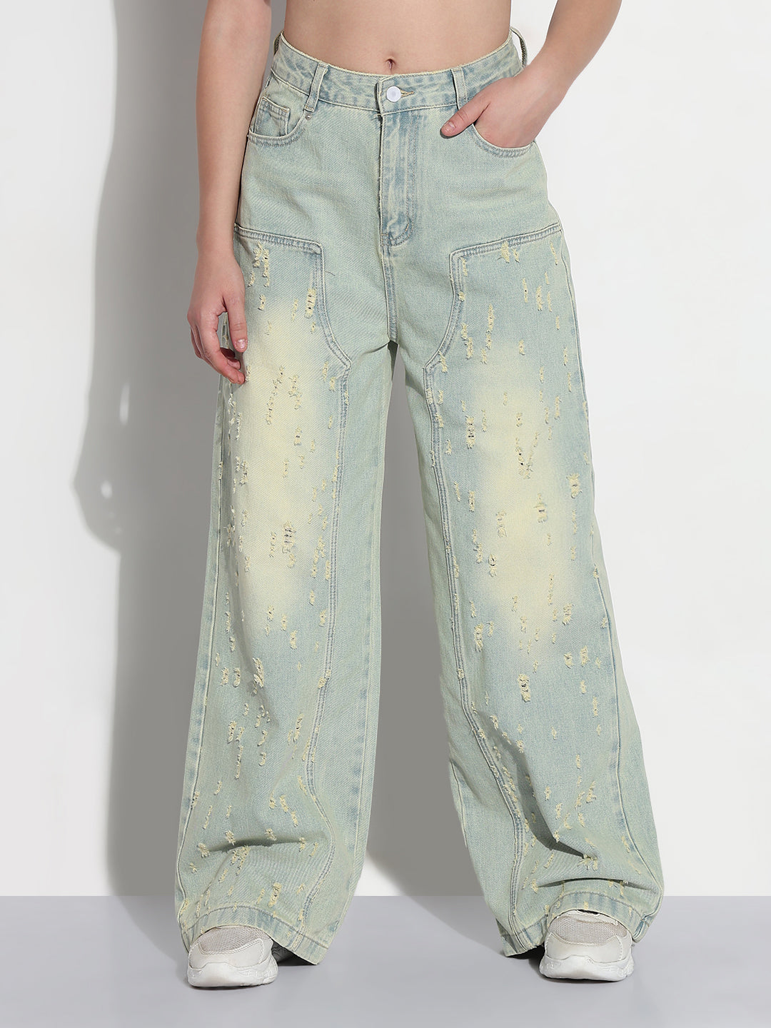 Women's Blue High Rise Distressed Baggy Jeans