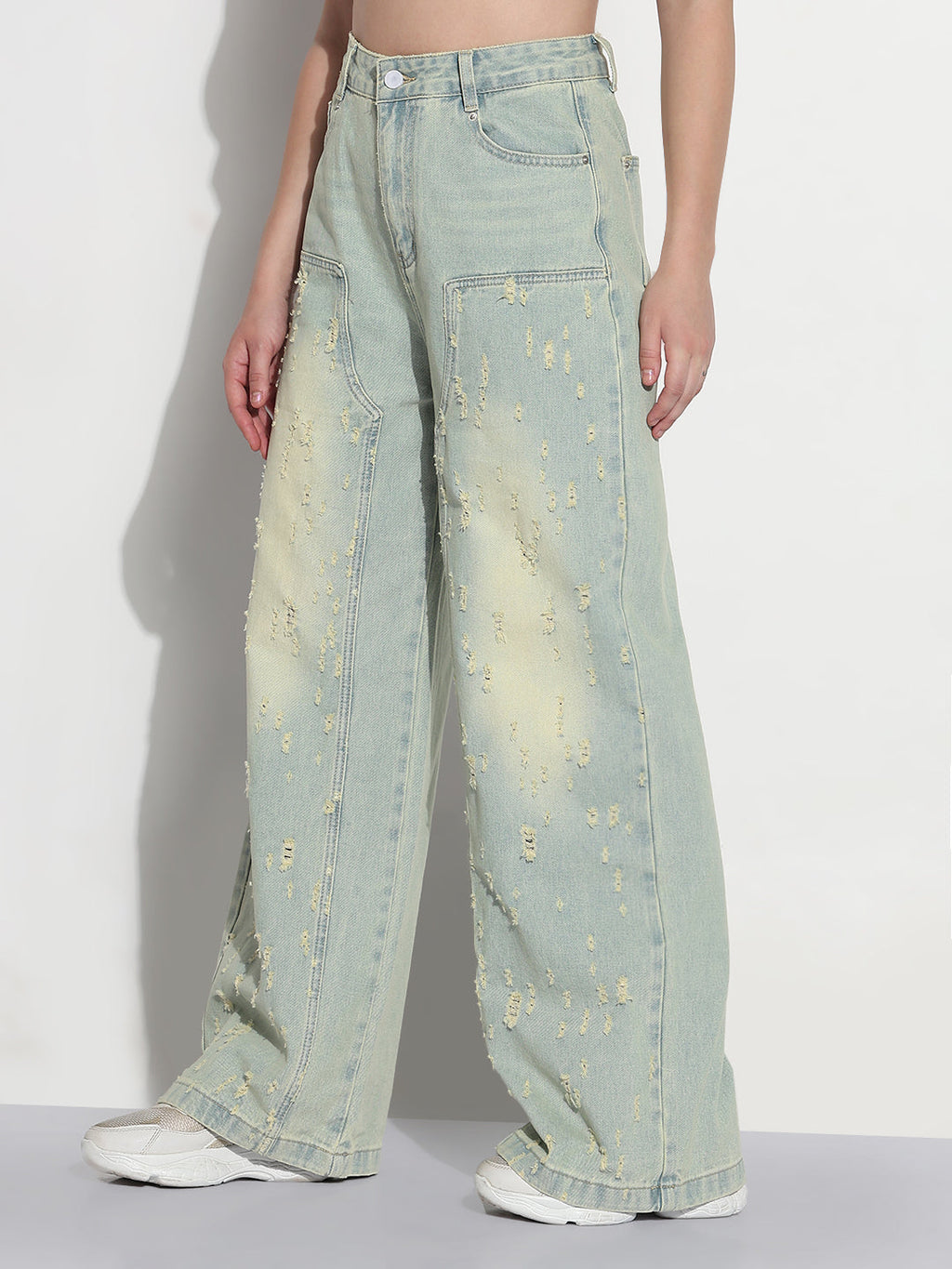 Women's Blue High Rise Distressed Baggy Jeans