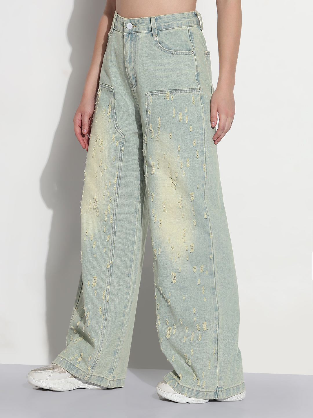 Women's Blue High Rise Distressed Baggy Jeans