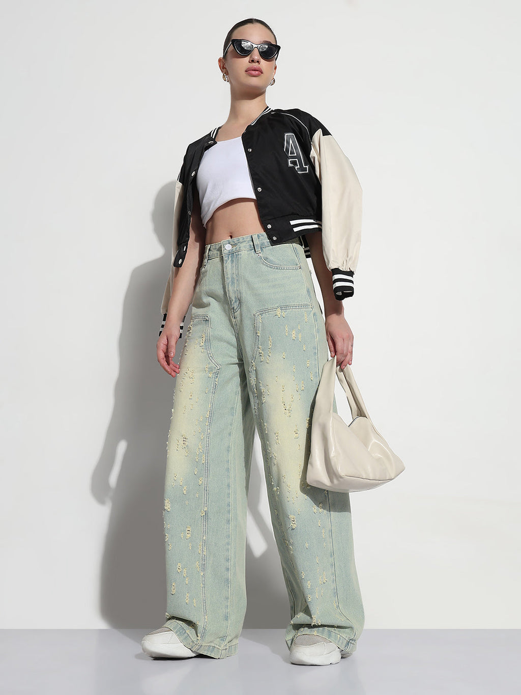 Women's Blue High Rise Distressed Baggy Jeans