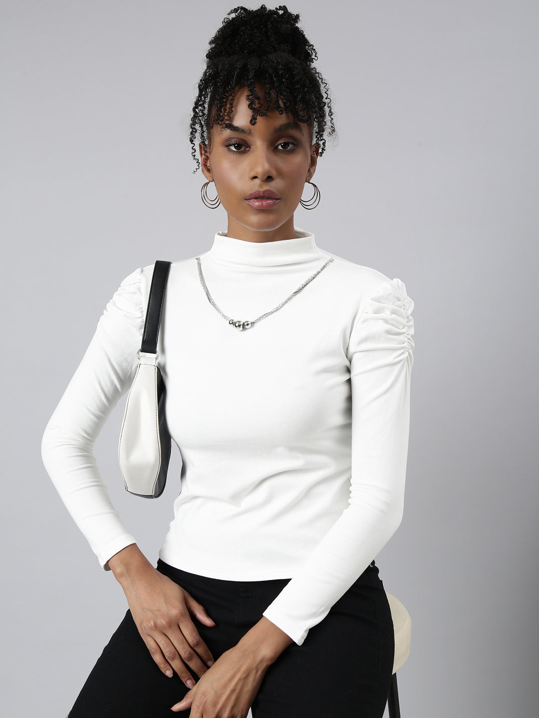 Women's White High Neck Long Sleeves Top Comes With Chain