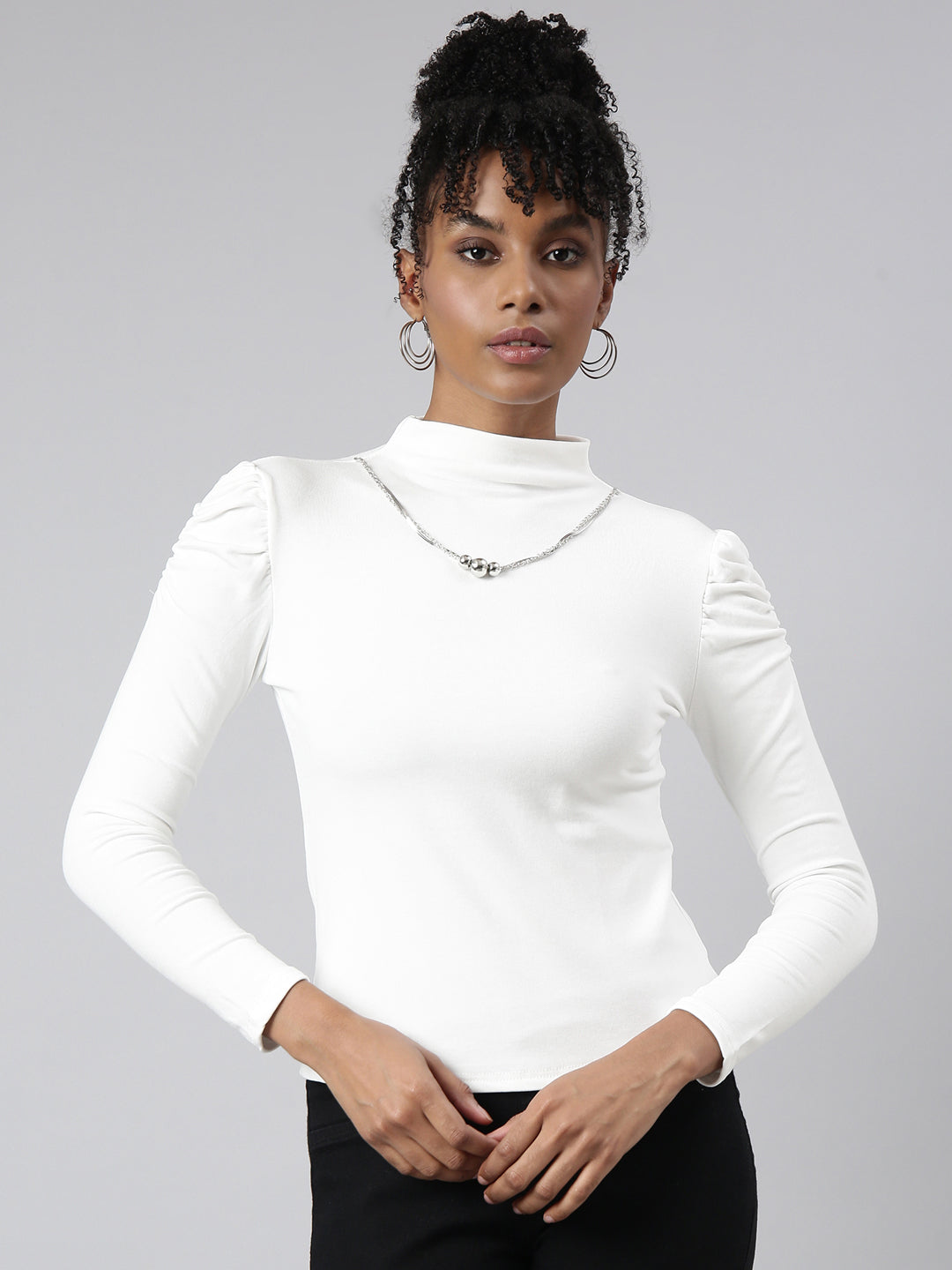 Women's White High Neck Long Sleeves Top Comes With Chain