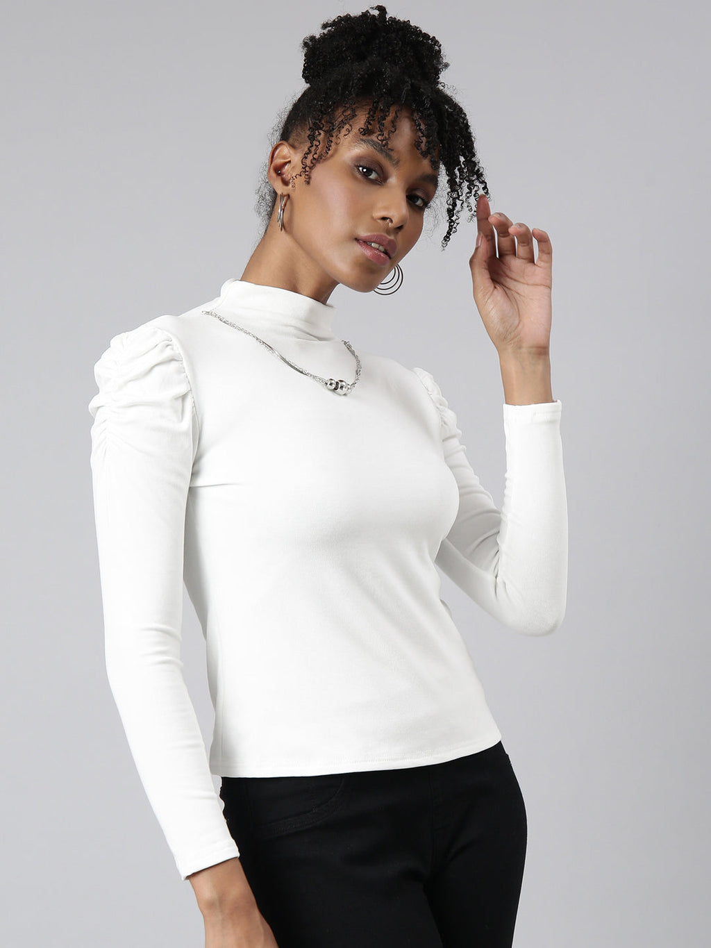 Women's White High Neck Long Sleeves Top Comes With Chain