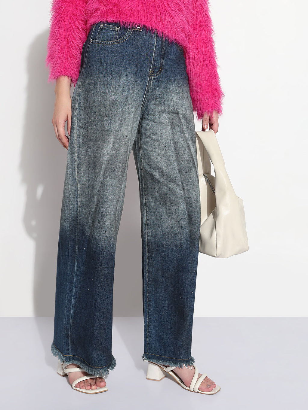 Women's Blue Embellished High Rise Frayed Hem Wide Leg Two-Tone Jeans
