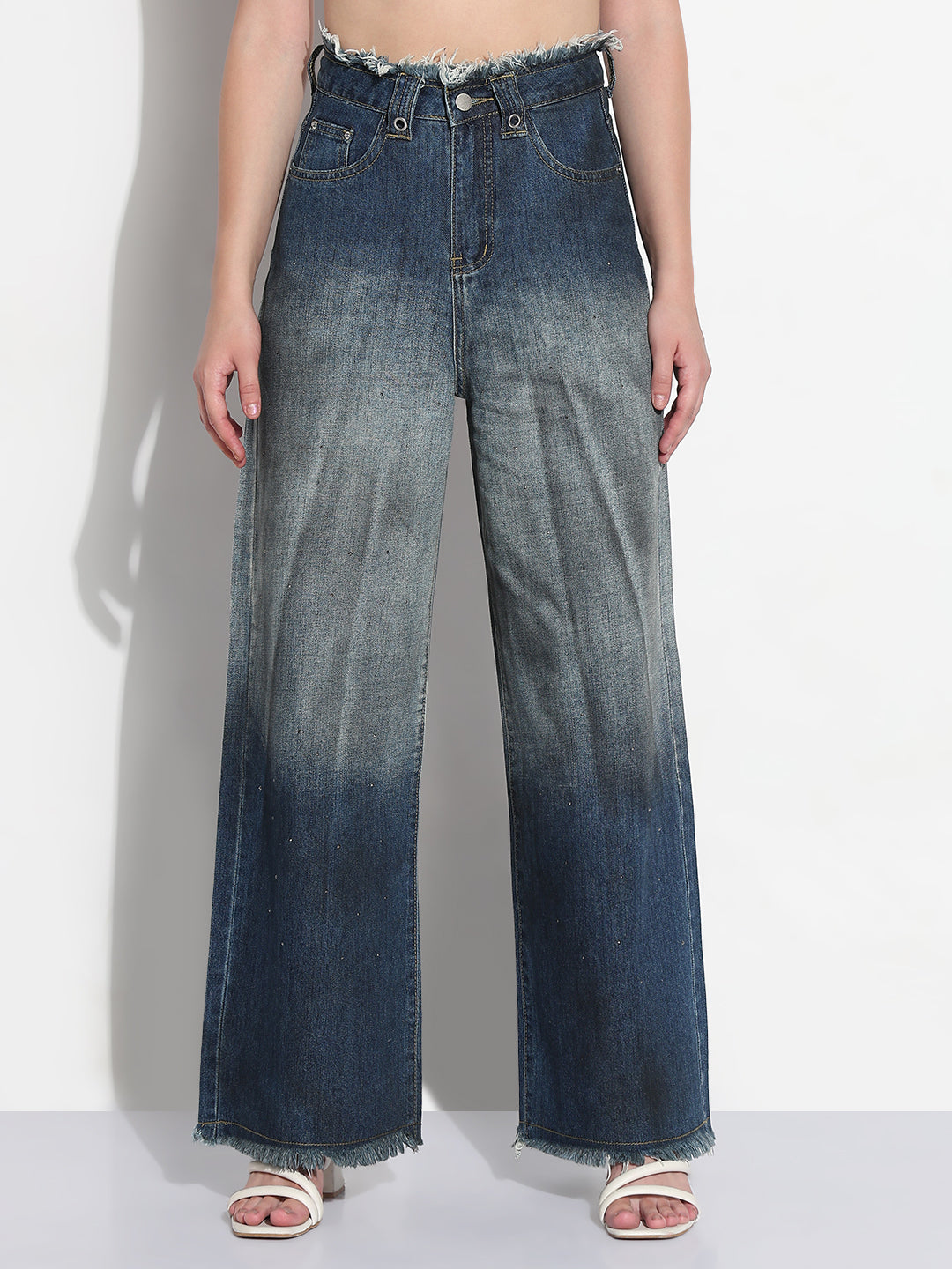 Women's Blue Embellished High Rise Frayed Hem Wide Leg Two-Tone Jeans