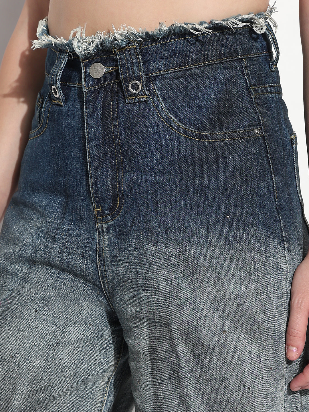 Women's Blue Embellished High Rise Frayed Hem Wide Leg Two-Tone Jeans