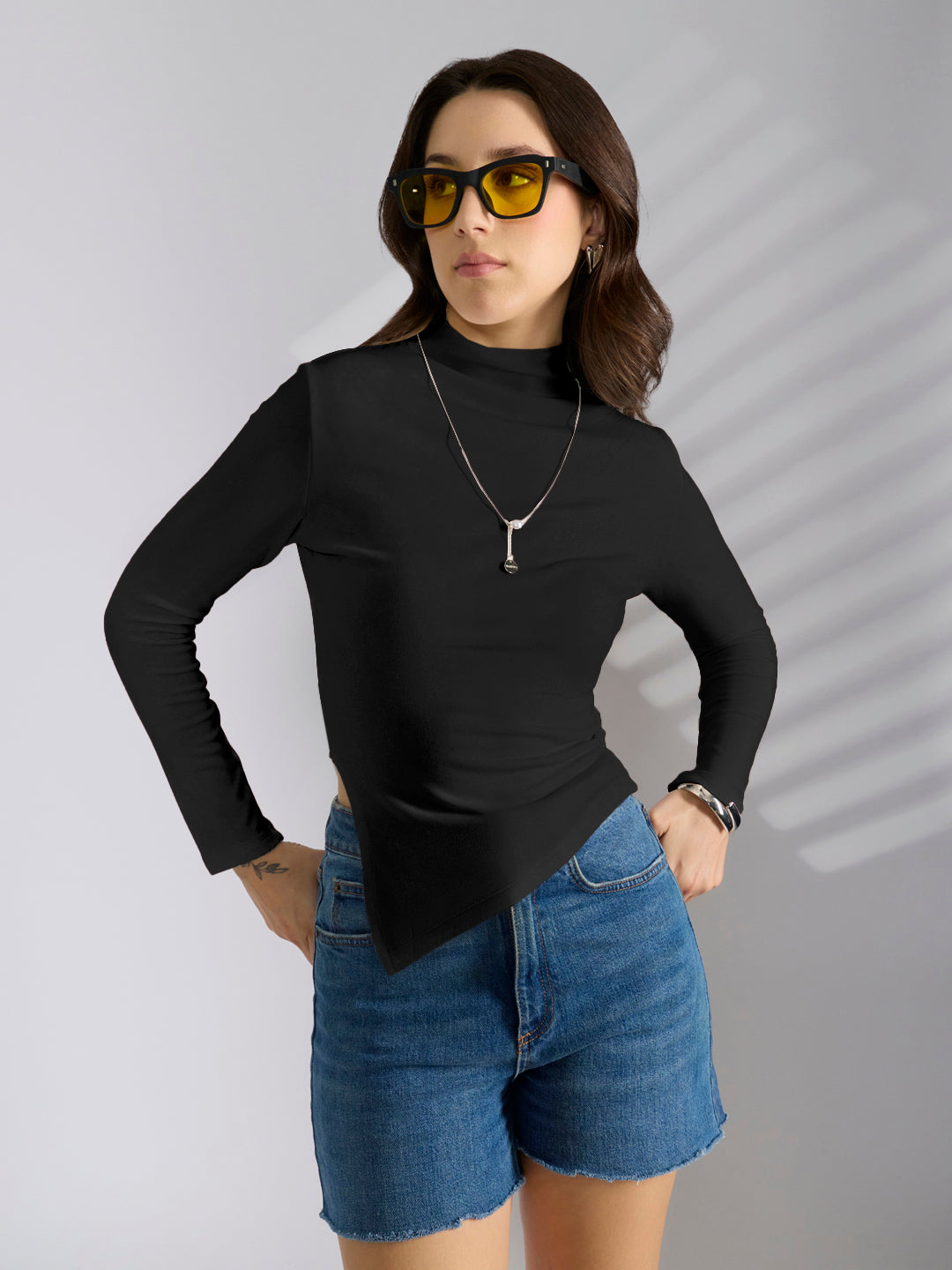 Women's Black Asymmetric Hem Top with Neck Chain