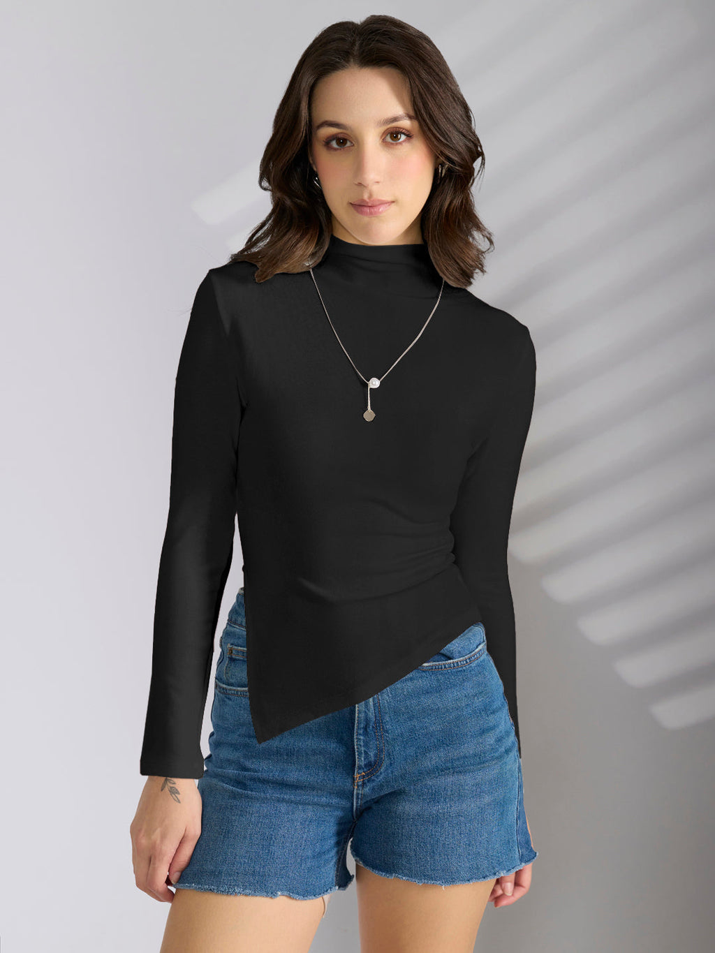 Women's Black Asymmetric Hem Top with Neck Chain