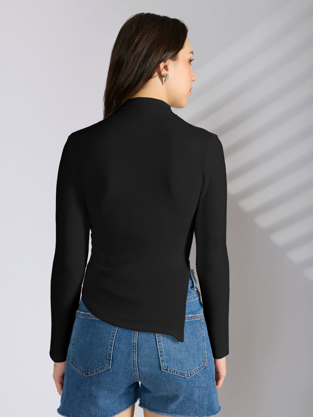 Women's Black Asymmetric Hem Top with Neck Chain