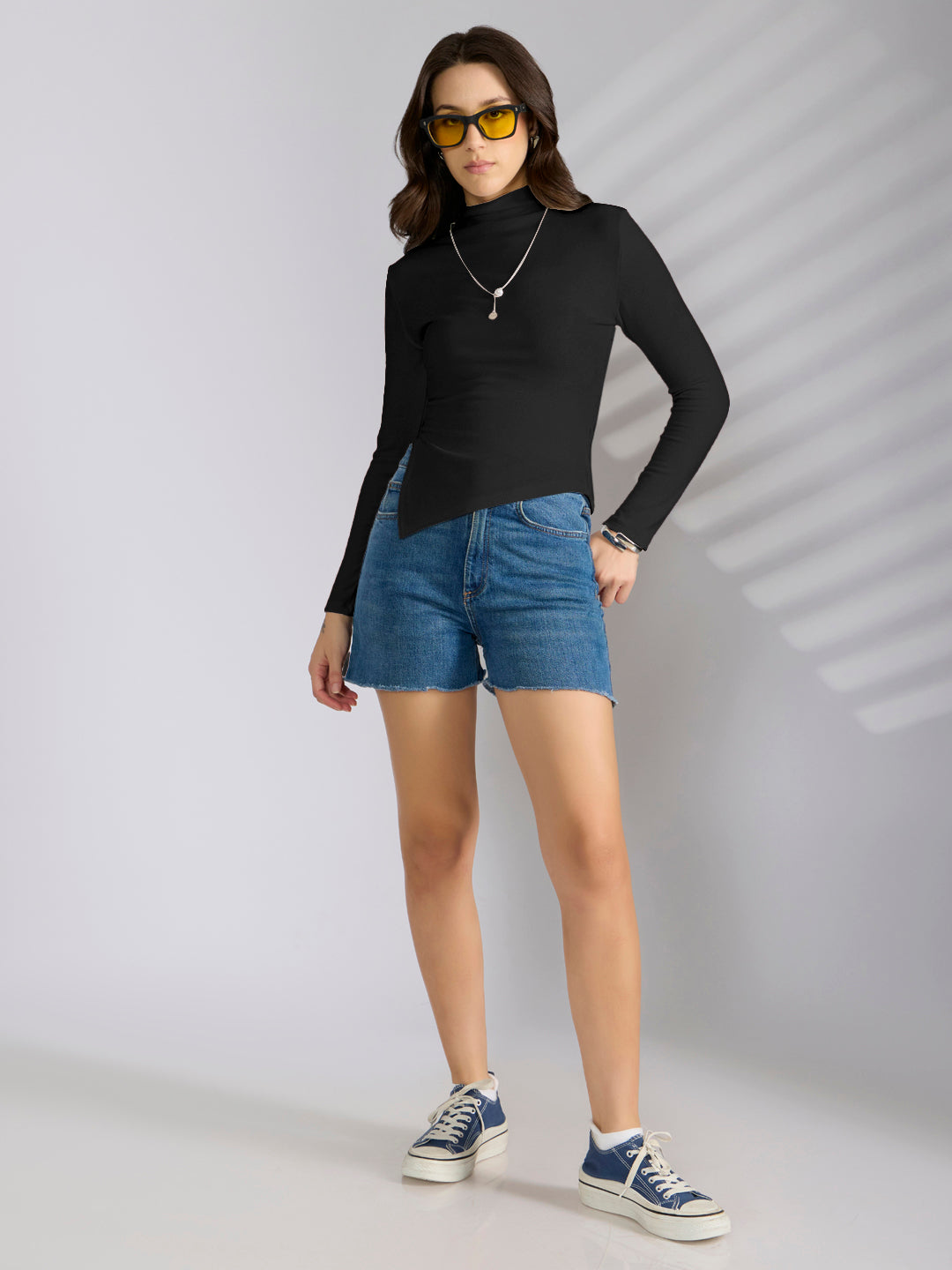 Women's Black Asymmetric Hem Top with Neck Chain