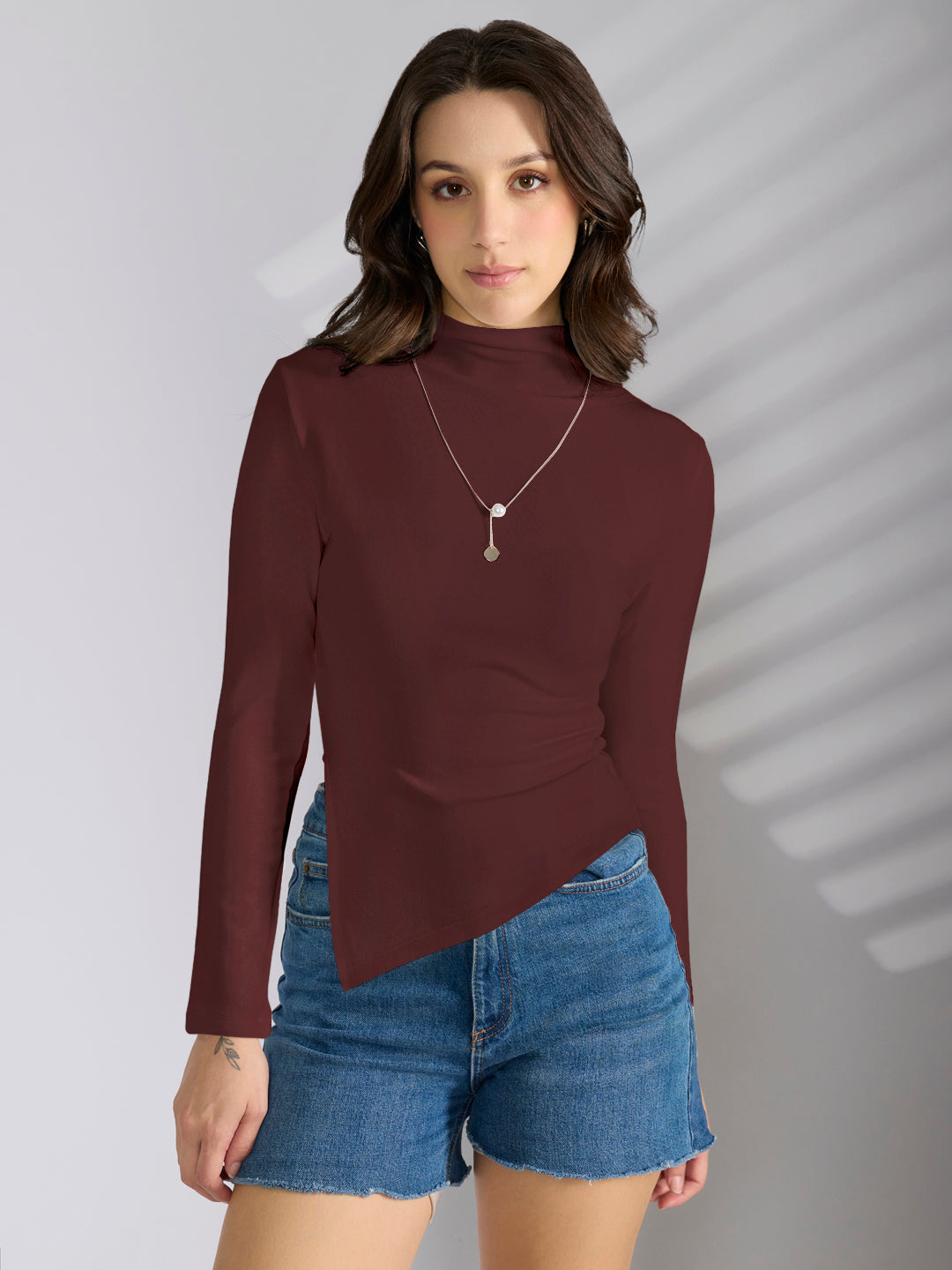 Women's Maroon Asymmetric Hem Top with Neck Chain