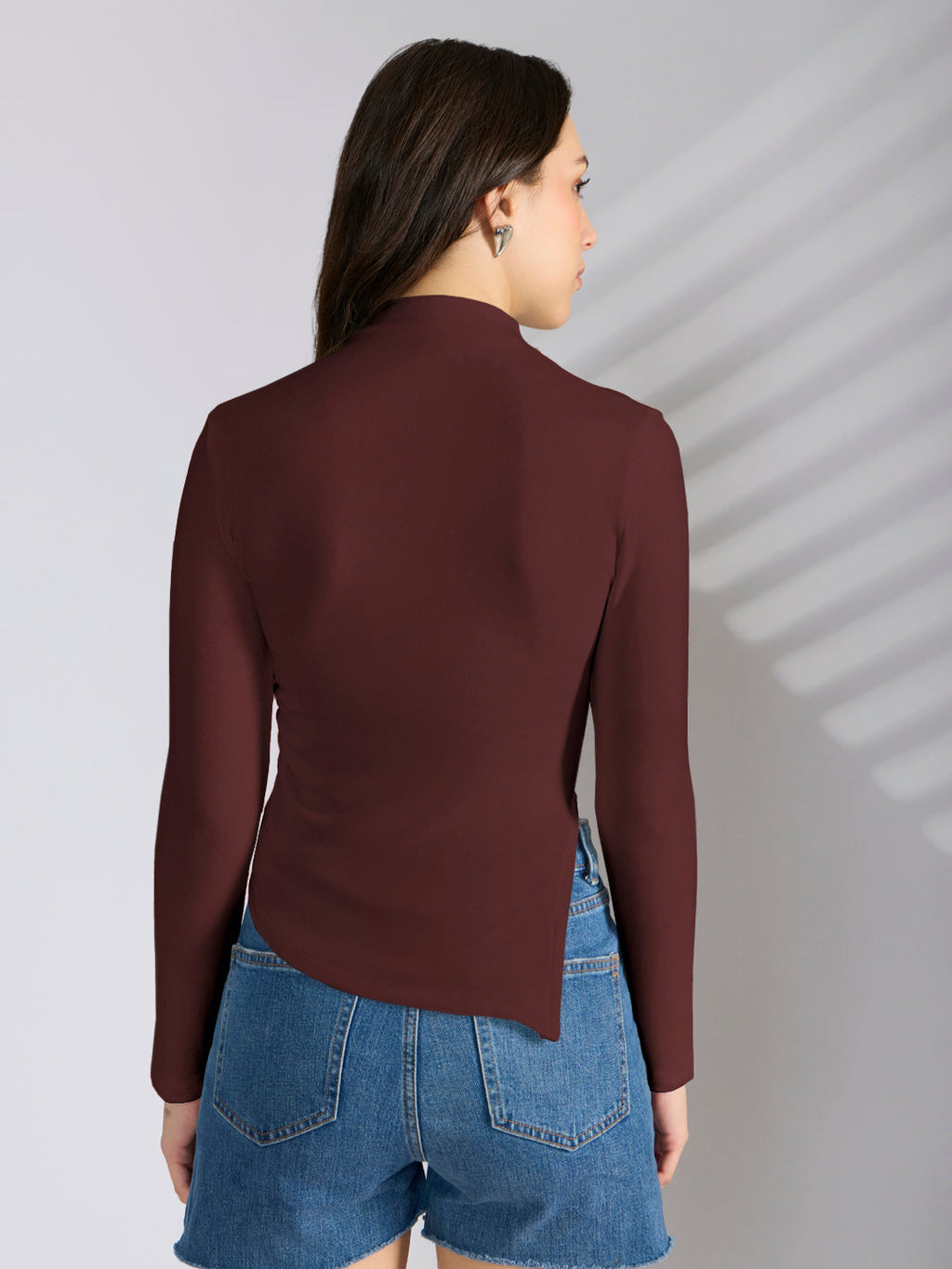 Women's Maroon Asymmetric Hem Top with Neck Chain