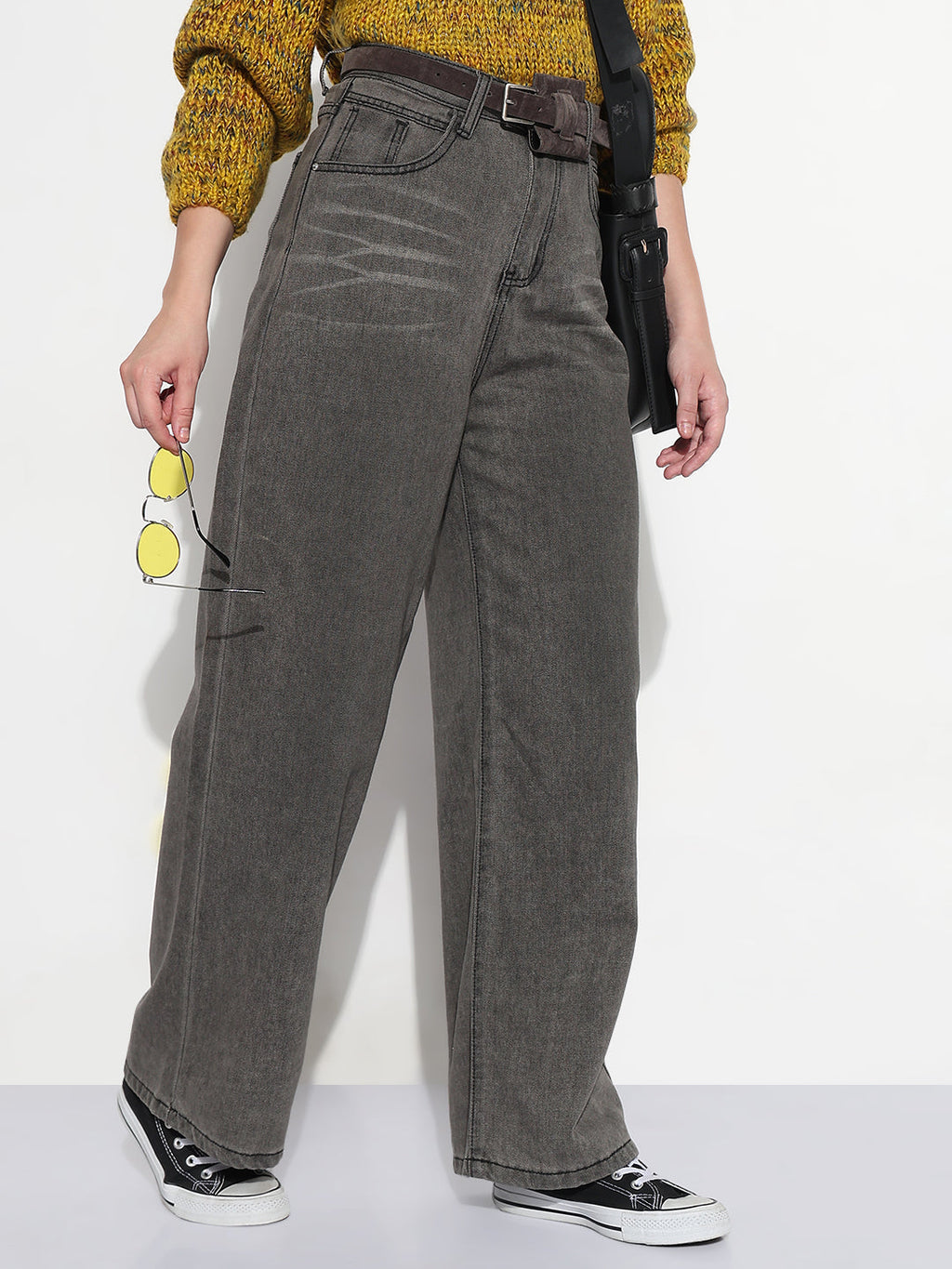 Women's Grey High Rise Baggy Jeans with Belt