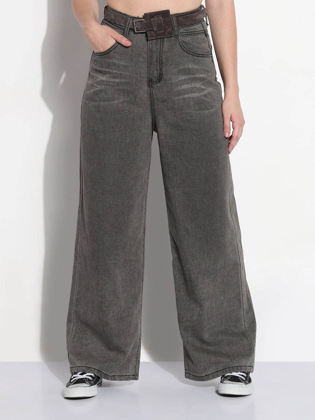 Women's Grey High Rise Baggy Jeans with Belt