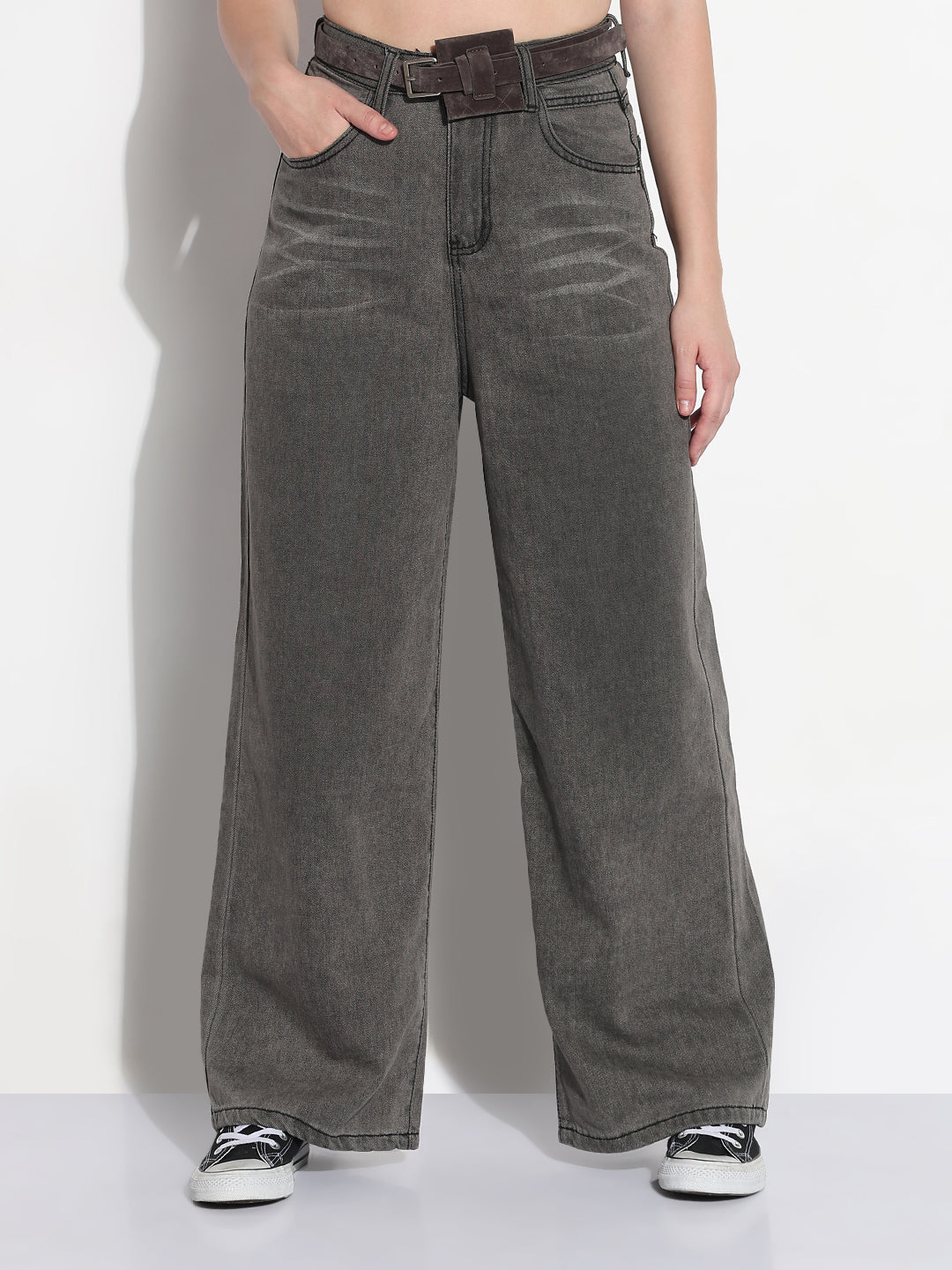 Women's Grey High Rise Baggy Jeans with Belt