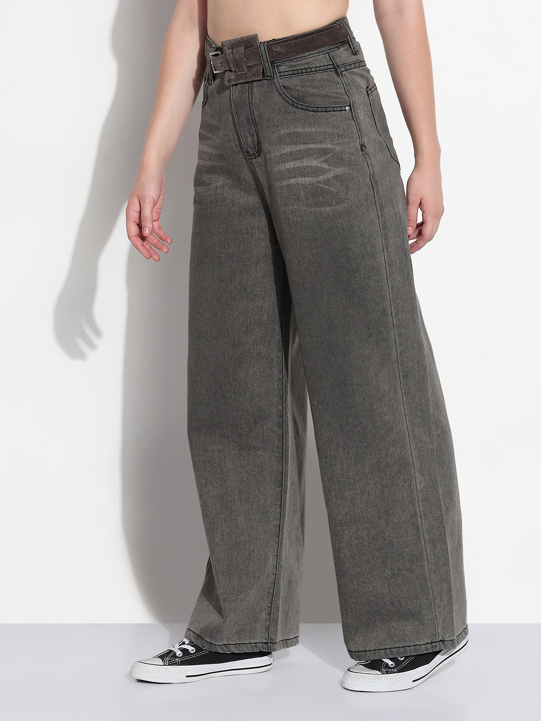 Women's Grey High Rise Baggy Jeans with Belt