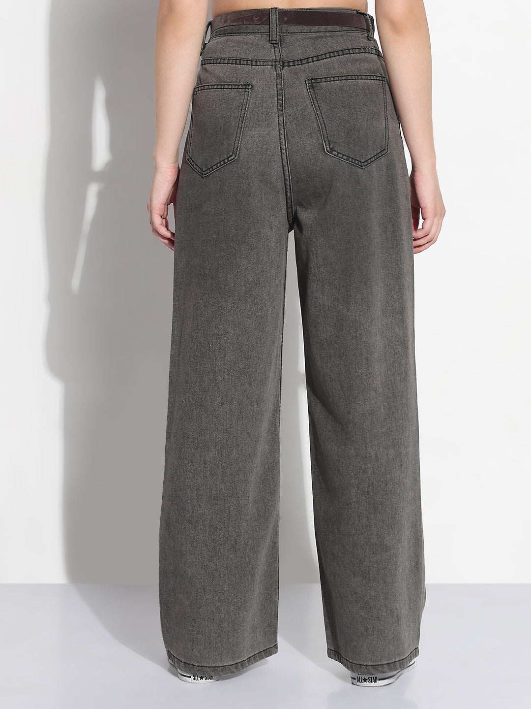 Women's Grey High Rise Baggy Jeans with Belt