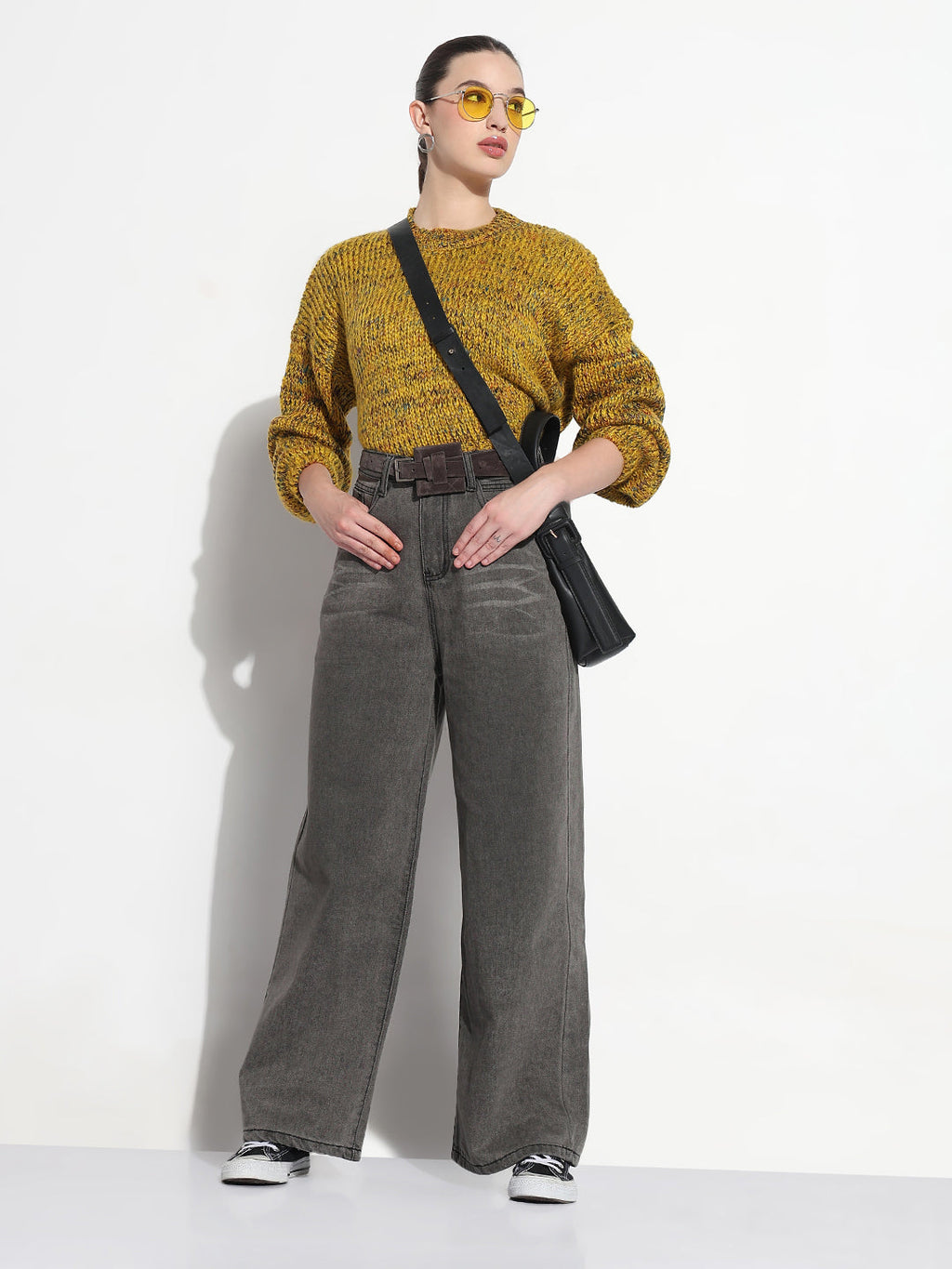 Women's Grey High Rise Baggy Jeans with Belt